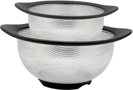 Stainless Steel Colander for Kitchen Metal Colanders & Food Strainers, Small and Large Sink Colander Set, Black Non-Slip Grip, (3 QT and 5 QT)