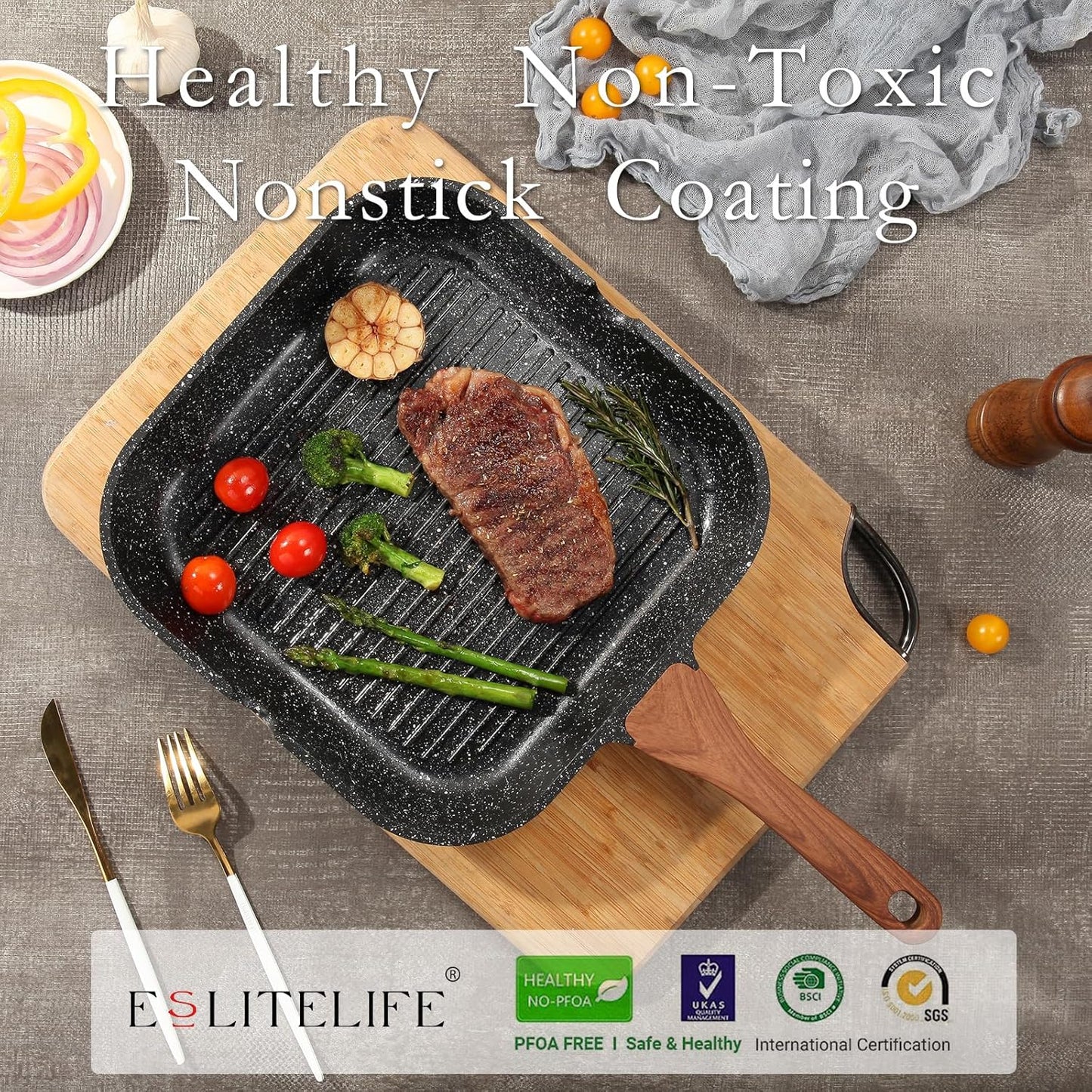 ESLITE LIFE 11 Inch Nonstick Grill Pan with Lid for Indoor Cooking, Versatile Induction Square Large Grilling Skillet Steak Pan for Stove Tops, PTFE & PFOA Free, Black