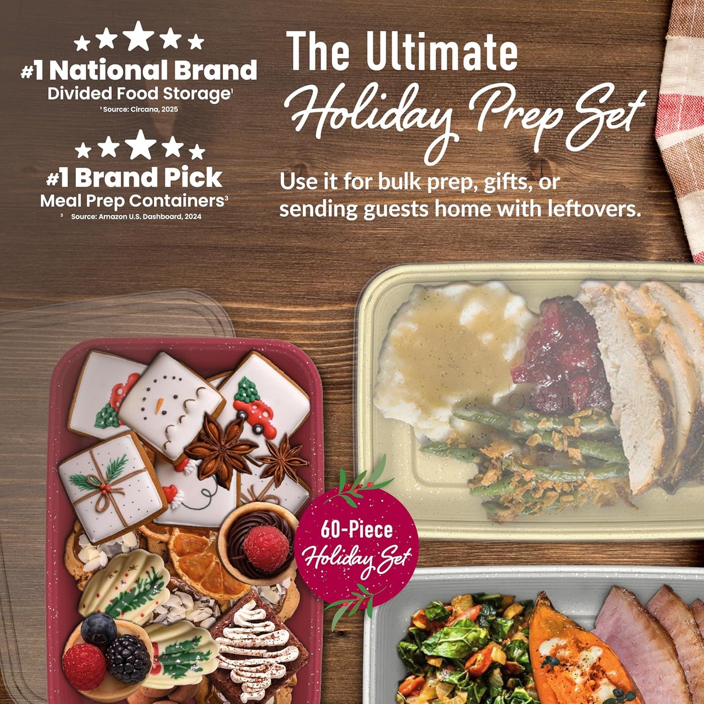 Bentgo Prep 60-Piece Holiday Food Storage Set - 1-Compartment Meal Prep Containers, 4-Cup Capacity, Reusable, Durable, PFAS & BPA-Free, Microwave/Freezer/Dishwasher Safe (Holiday Glitter Collection)