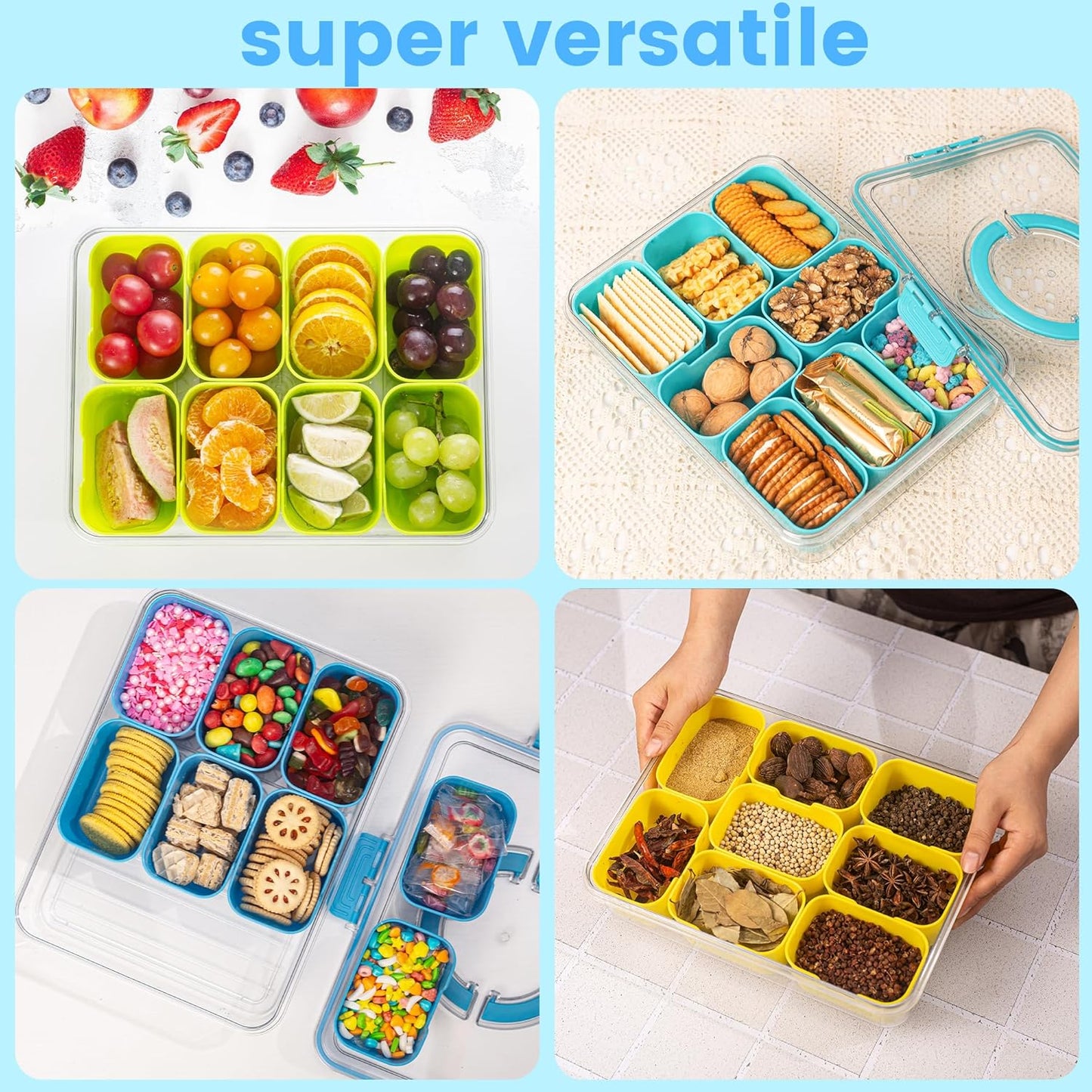 Divided Serving Tray with Lid and Handle - Snackle Box Charcuterie Container for Portable Snack Platters Organizer for Candy, Fruits, Nuts, Snacks - Perfect for Party, Entertaining, Lake blue