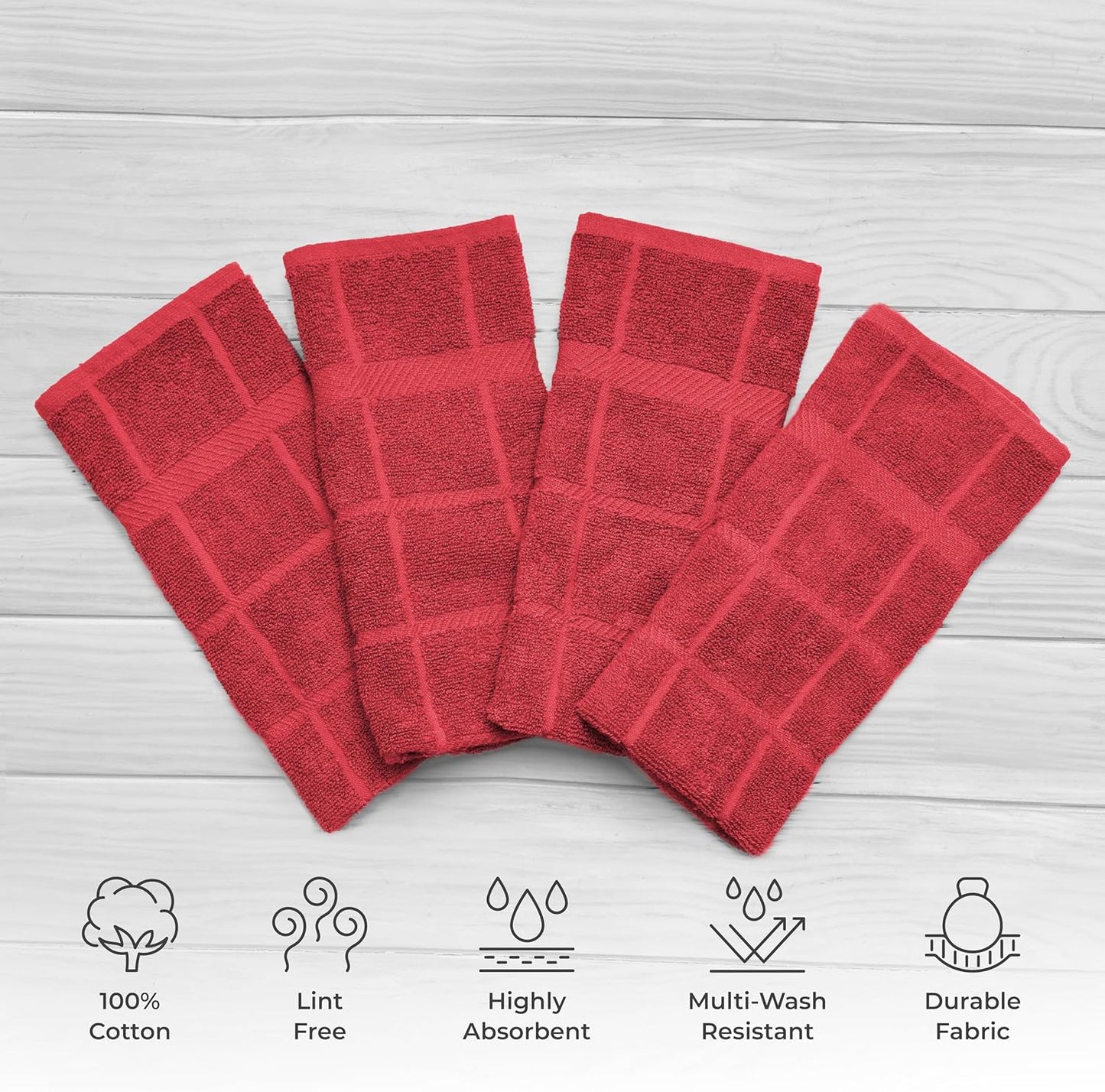100% Cotton Terry Dish Towels, 4 Pack Plain, 16 x26 Inches, Super Soft and Absorbent Kitchen Towels, Perfect for Kitchen Cleaning and Dish Washing | RED