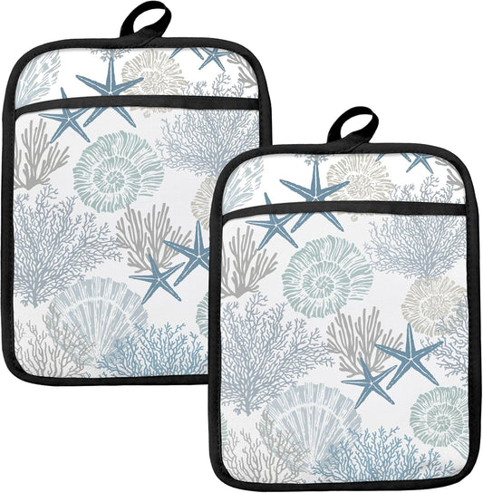 Coastal Beach Seashell Coral Starfish Oven Mitts Set, Ocean Beach Gifts for Women, Blue Heat Resistant Kitchen Oven Gloves for Baking and Cooking,Pot Holders