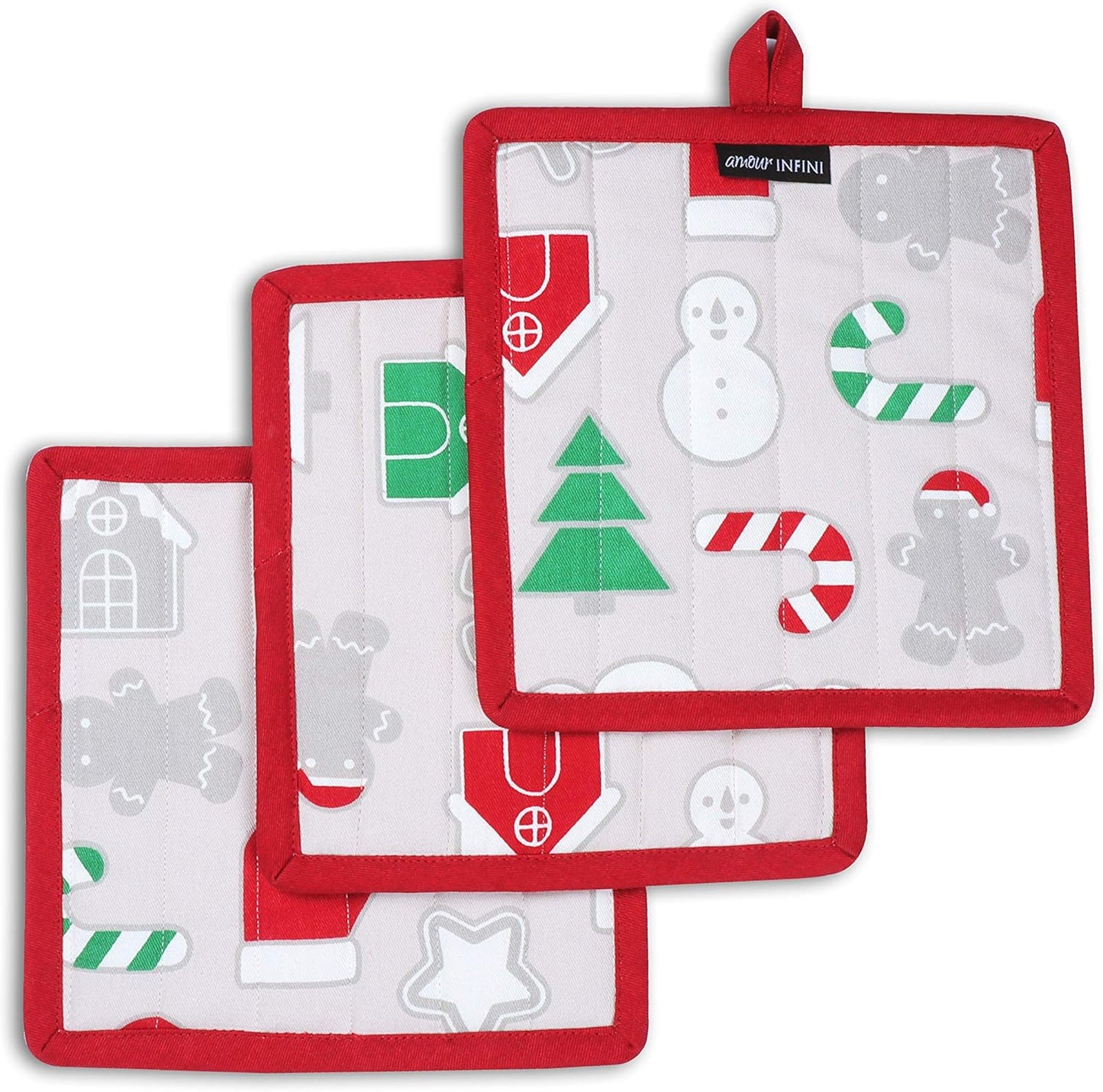 AMOUR INFINI Pot Holders Heat Resistant Cotton Set of 3 Nonslip 8"x8" Inch Hot Pads for Kitchen, BBQ, Baking & Cooking with Hanging Loops (Christmas Fun)