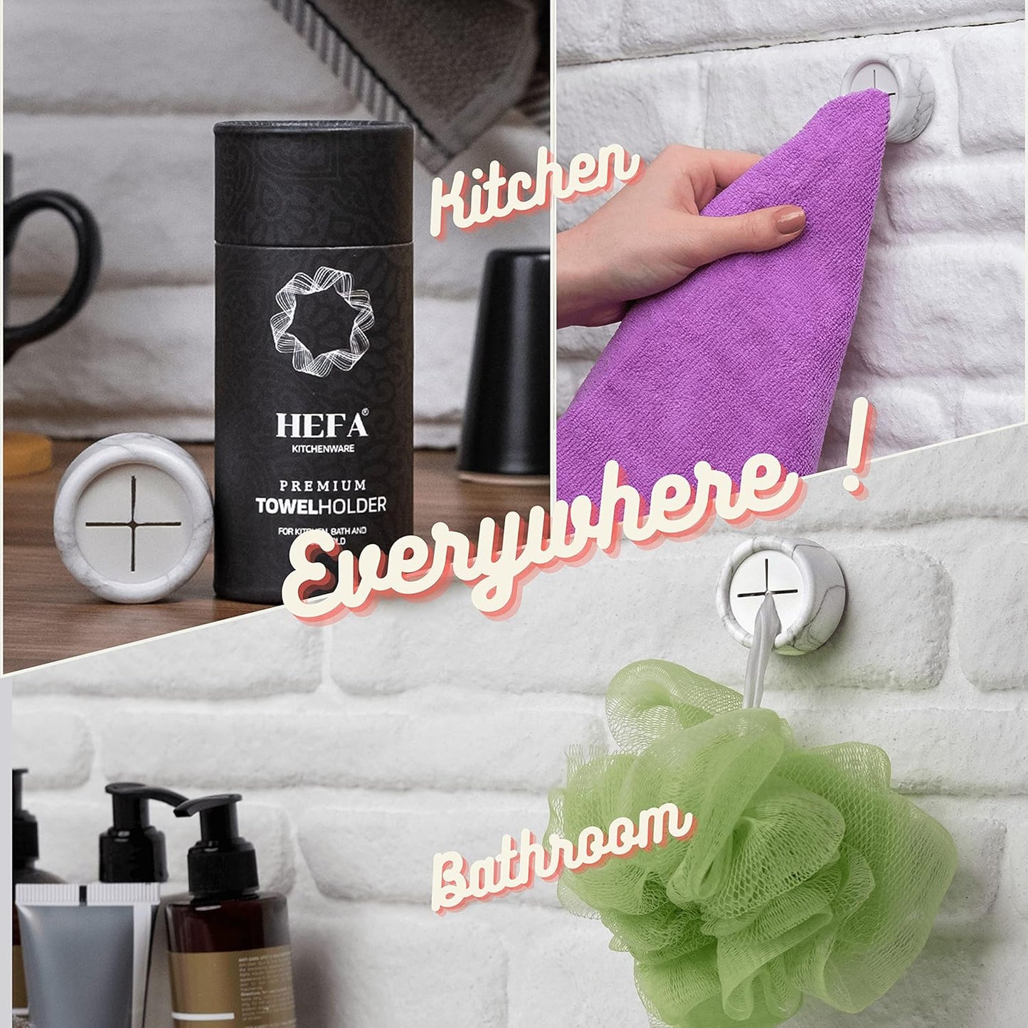 HEFA Towel Holder, Towel Hooks, Dish Towel Holder, Kitchen Organization, Bathroom Accesories, Kitchen Towel Hook, Kitchen Towel Holder, Hand Towel Holder, Kitchen Gadgets 4 Pack, White Marble