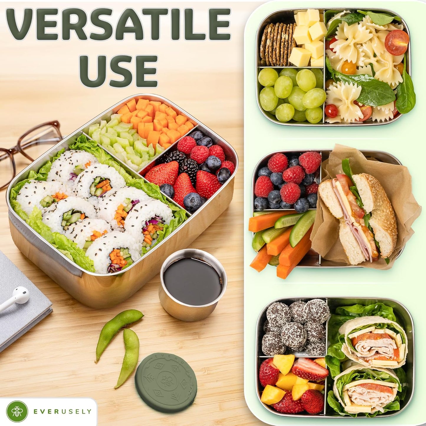 Everusely - Bento Box - Sage, 60oz / 1.8 L - Stainless Steel Lunch Box with Leakproof Condiment Container - 3 Compartment Snack Organizer for On the Go Meals - Freezer & Dishwasher Safe