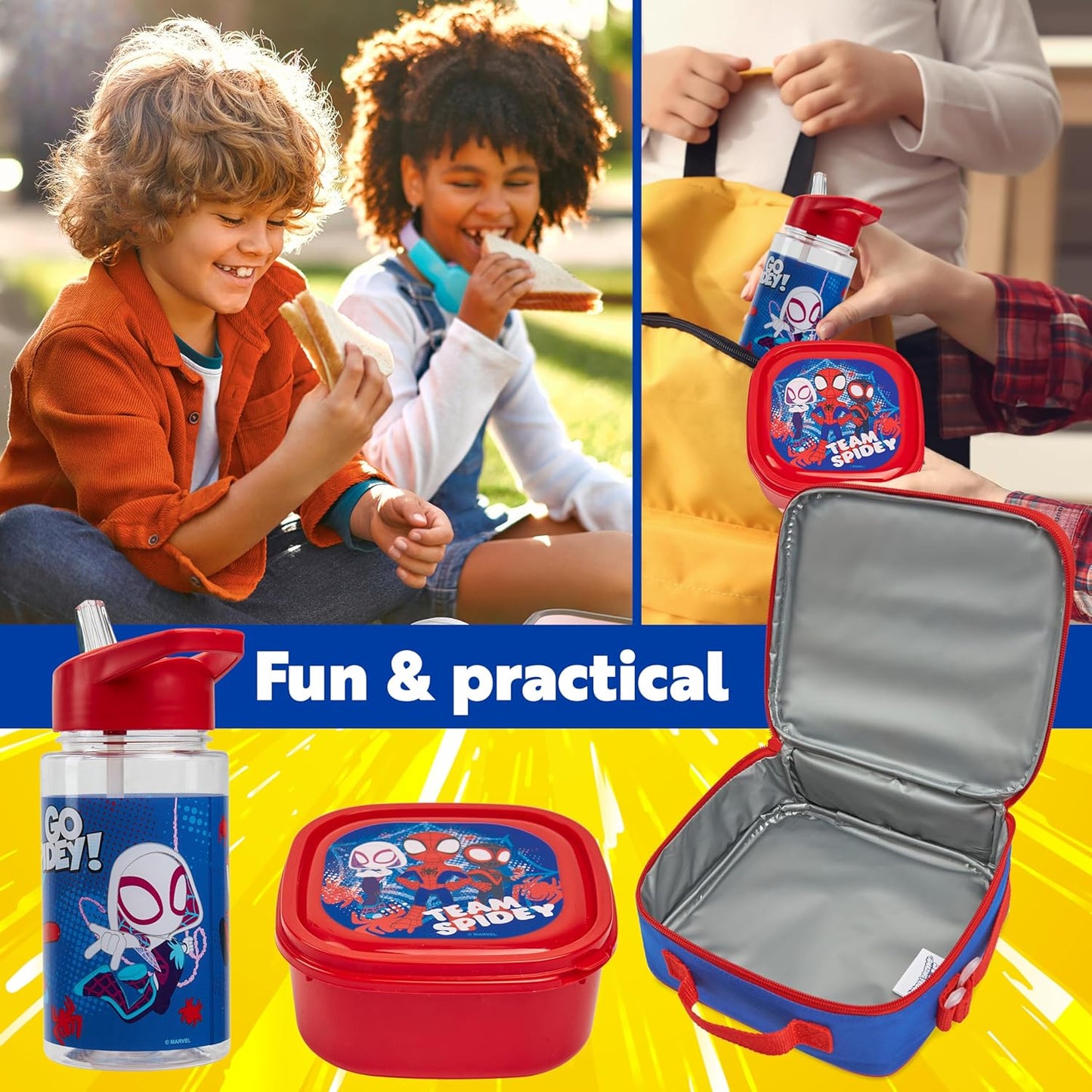 Get Trend Marvel Spidey Kids Lunch Bag Set 3 Pc with Leak Proof Water Bottle and Small Lunch Box Insulated for School Daycare or Travel (Spidey)