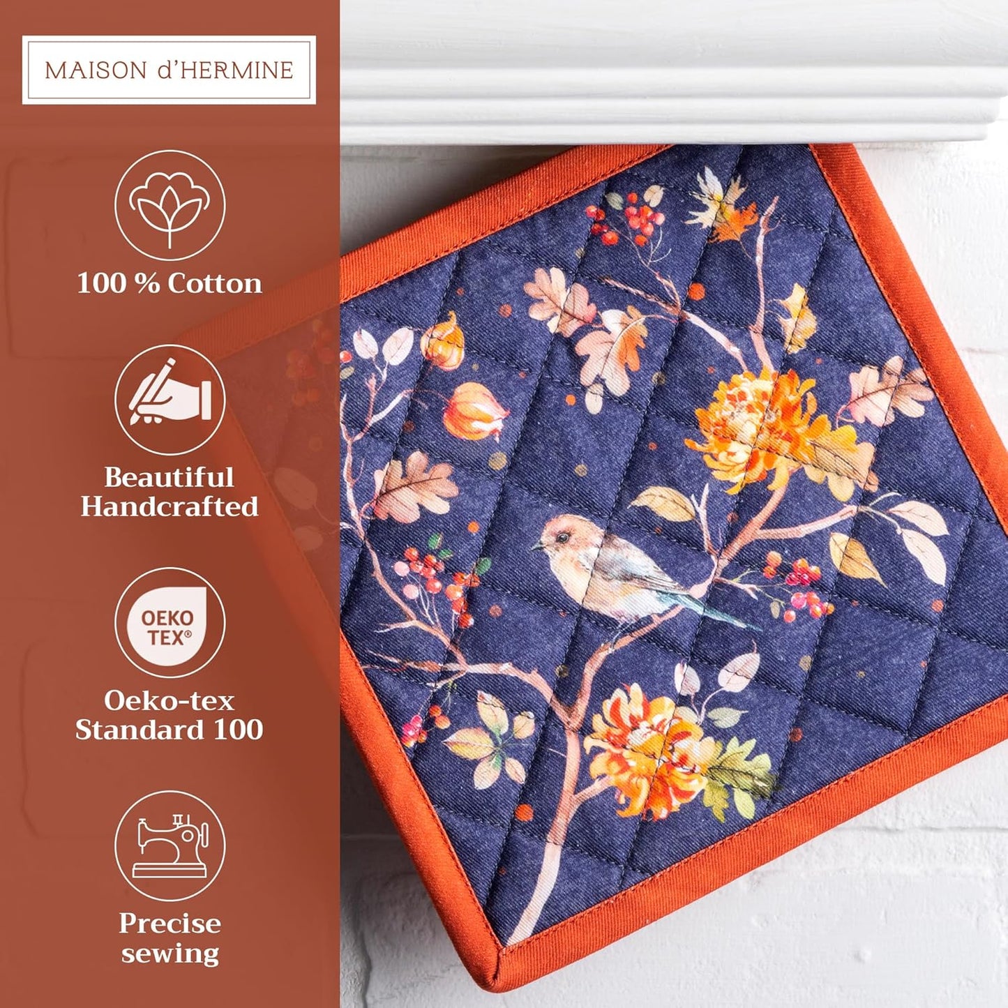 Maison d' Hermine Pot Holders 100% Cotton Heat Resistant Potholders 8" x 8" Hot Pads with Loop BBQ, Cooking, Baking, Grilling, Kitchen, Handling Hot Pans (Pack of 1, Kelim - Infinity)