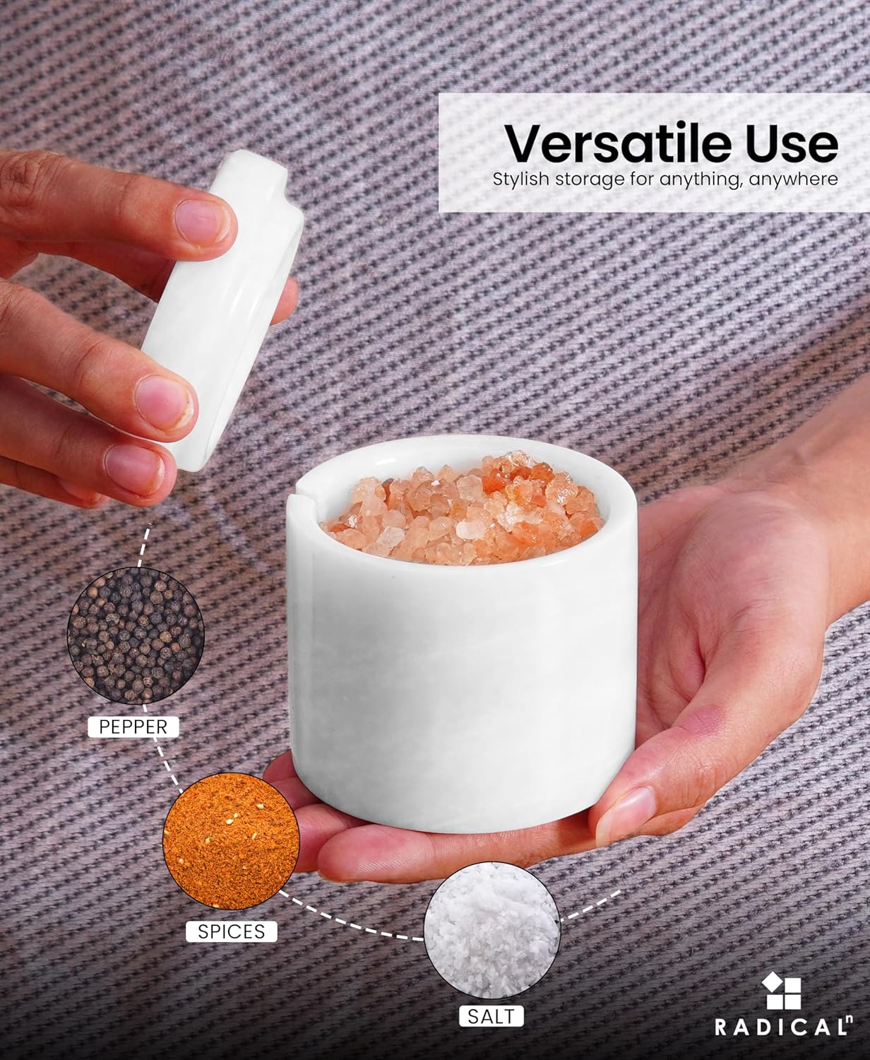 Radicaln Marble Salt Cellar With Lid and Tray 3" Inch White and Marinara Salt Container and Set of 2 Seasoning Jars For Living Room, Ideal Salt Bowl for Countertop