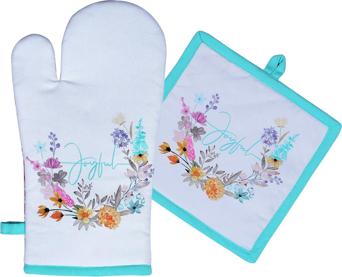 AMOUR INFINI Pot Holders and Oven Mitt Heat Resistant Non Slip Reusable Set of 1 Oven Mitt and 1 Pot Holder Oven Gloves Pot Holder for Cooking (Joyful Floral Design)