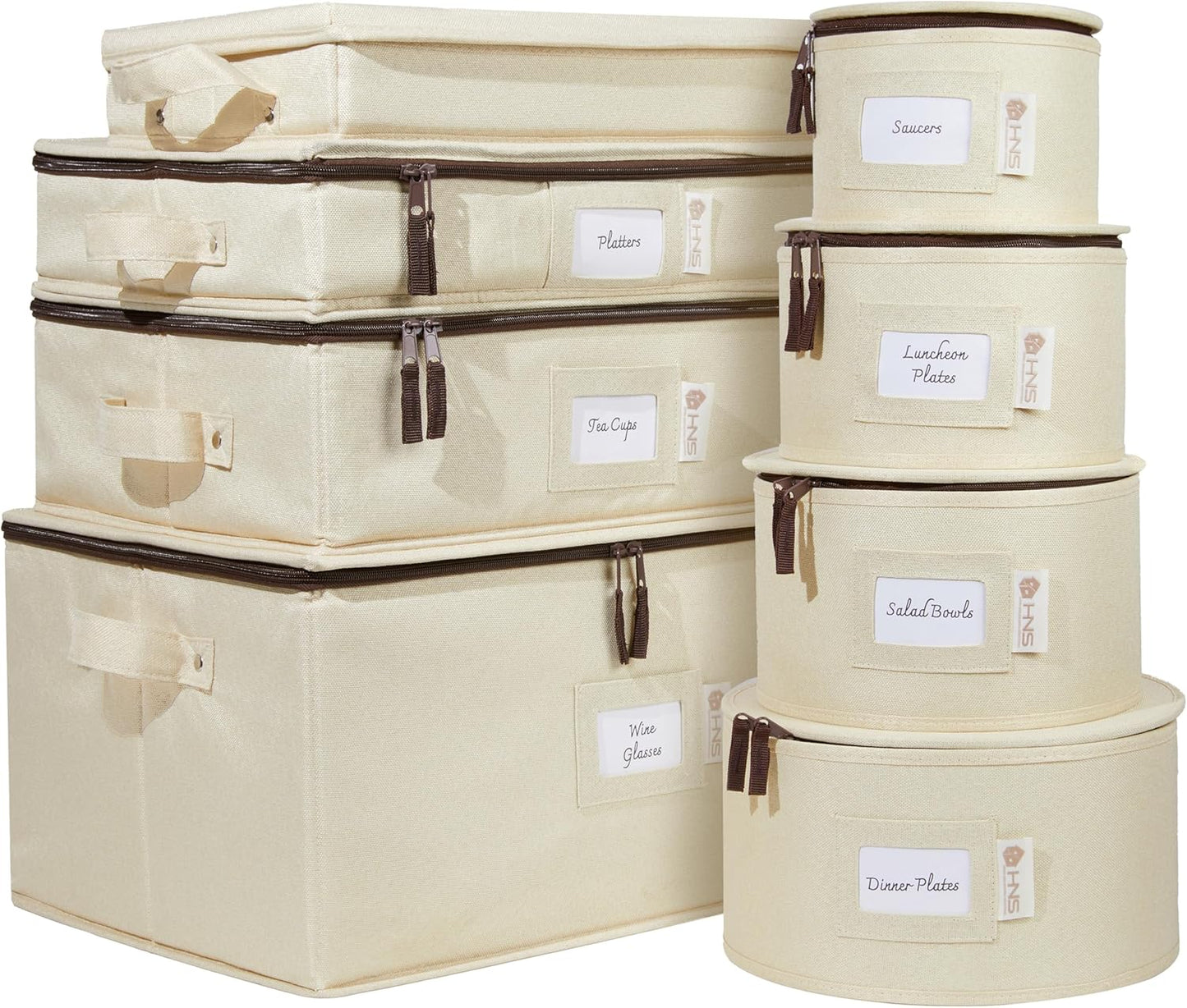 Hard Shell China Storage Containers 8-Piece Set Moving Boxes for Dinnerware, Glasses, Plates, Mugs and Saucers Sturdy Dish Organizer with Dividers for Seasonal Storage - Service for 12 - Beige