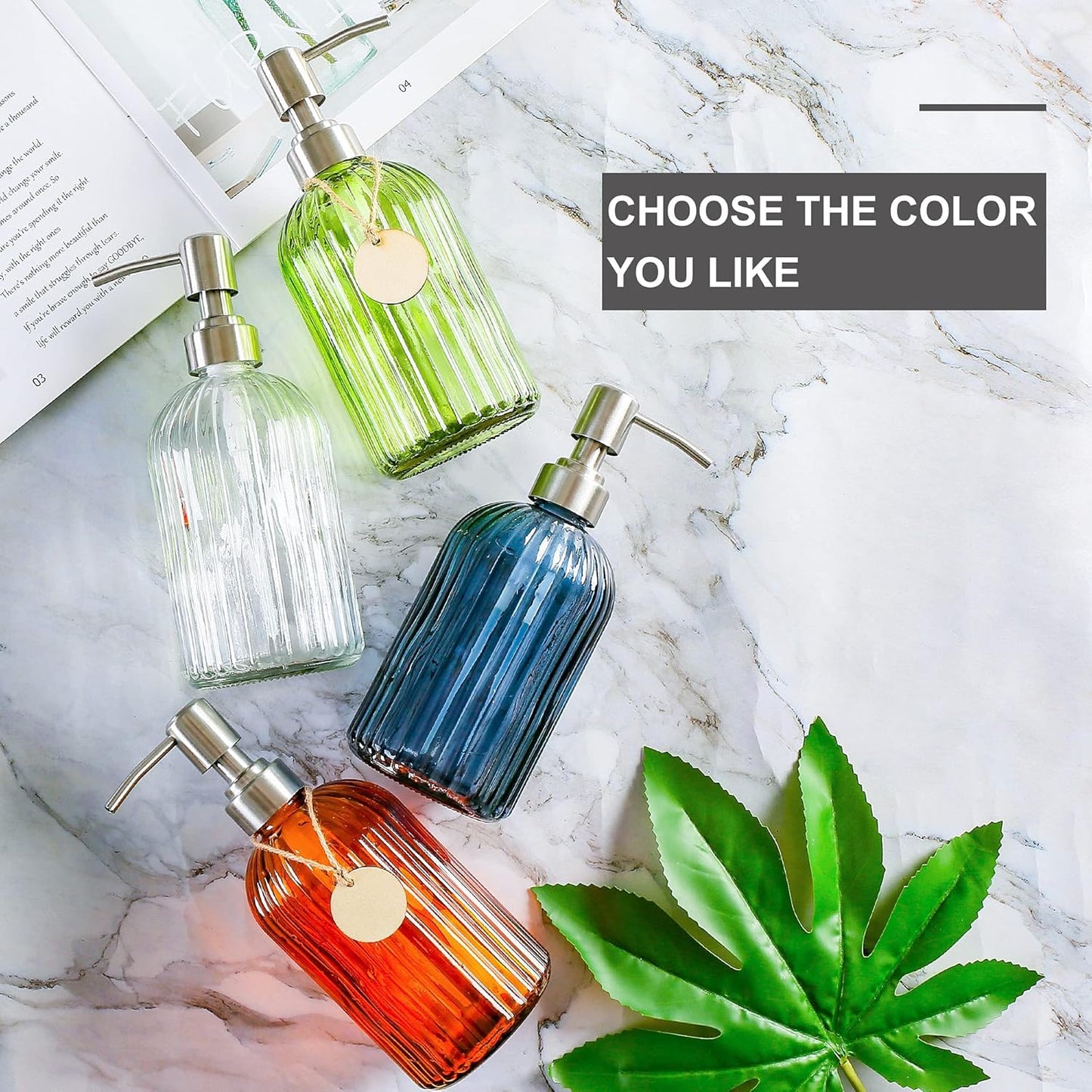 16 OZ Soap Dispenser，Tempered Glass Clear Vertical Stripe with 304 Rust Proof Stainless Steel Pump Refillable Liquid Hand Soap Dispenser，for Bathroom, Kitchen, Dish Soap，Lotion (Green)