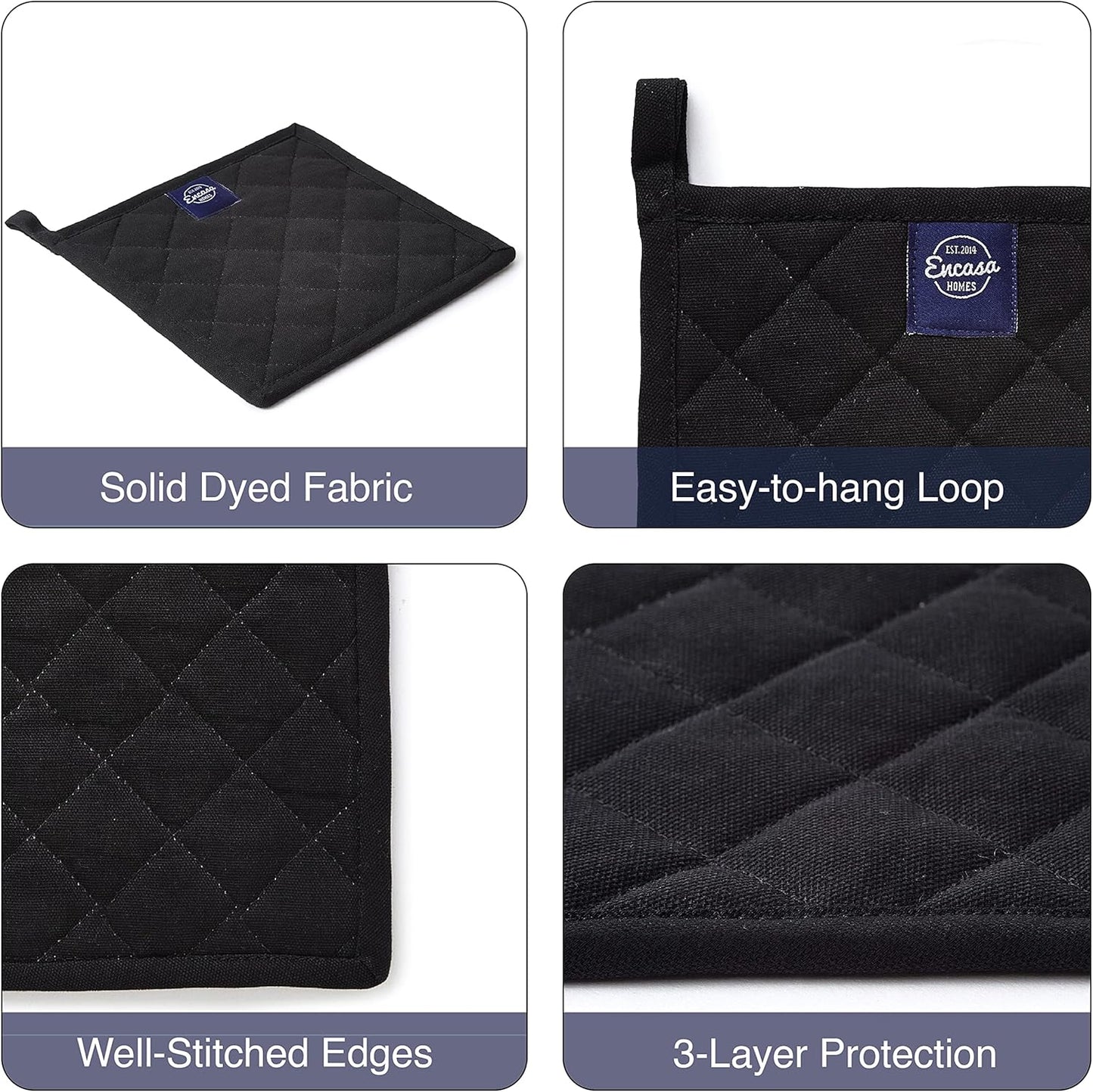Encasa XO Heat Resistant Cotton Pot Holders with Hanging Loop - Set of 2 - Full Black - Multipurpose Quilted Everyday Hot Pad for Kitchen, Camping, BBQ & Microwave - 8x8 in