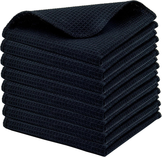 PurpleEssences Dish Cloths and Dish Rags - 8 Pack Waffle Weave Solid Kitchen Dish Wash Cloths, 100% Cotton, 12 x 12 Inches, Ultra Soft Absorbent Quick Drying - Spring Summer - Black