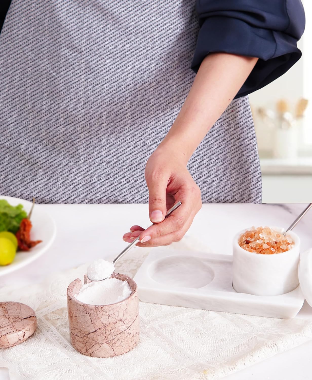 Radicaln Marble Salt Cellar With Lid and Tray 3" Inch White and Marinara Salt Container and Set of 2 Seasoning Jars For Living Room, Ideal Salt Bowl for Countertop