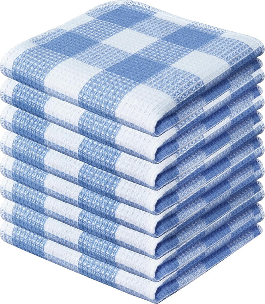 Waffle Weave Plaid Dish Cloths, 100% Cotton - 12 x 12 Inches, Ultra Soft Absorbent Quick Drying Dish Towels Buffalo Check Dish Rags for Kitchen, 8 Pack - Spring Summer - Light Blue & White