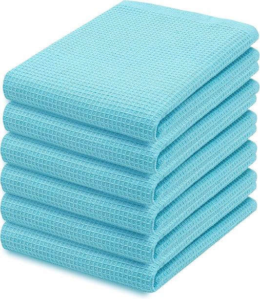 PurpleEssences Waffle Weave Kitchen Towel, 100% Cotton - 15 x 25 Inches, with Hanging Loop Ultra Soft Absorbent Quick Drying Dish Cloth, Tea and Hand Towels, 6 Pack - Spring Summer - Aqua Blue