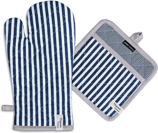 AMOUR INFINI Striped Pot Holders and Oven Mitts Heat Resistant Non Slip Reusable Set of 1 Oven Mitt and 1 Pot Holder Oven Gloves Pot Holder for Cooking (Blue)