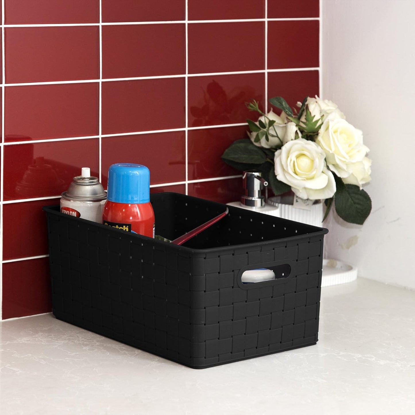 BINO Plastic Basket, Medium - Black, 4 Pack, The Stable Collection, Multi-Use Storage Basket, Rectangular Cabinet Organizer, Home & Office Storage Organizer, Baskets for Bathroom Organizing