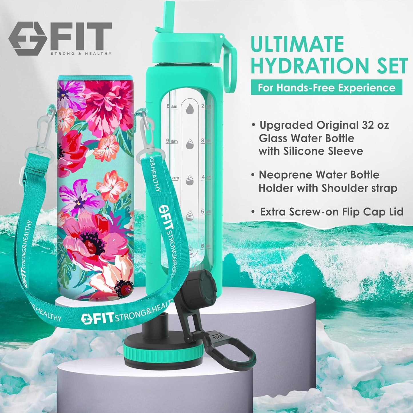 FIT Strong & Healthy 32 oz Glass Water Bottle with Straw Lid, Time Marker, Sleeve & Extra Lid - Motivational, Wide Mouth 1 Liter Glass Drinking Bottle