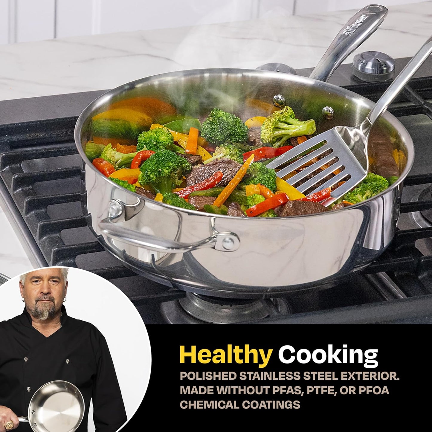 Guy Fieri's Flavortown 5 Qt. Stainless Steel Sautepan with Lid - Premium Three-Layer Cookware, Oven-Safe up to 500F