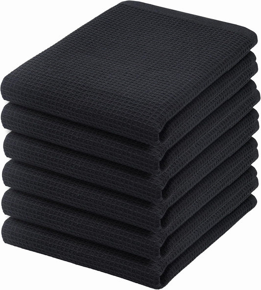 PurpleEssences Waffle Weave Kitchen Towel, 100% Cotton - 15 x 25 Inches, with Hanging Loop Ultra Soft Absorbent Quick Drying Dish Cloth, Tea and Hand Towels, 6 Pack - Spring Summer - Black