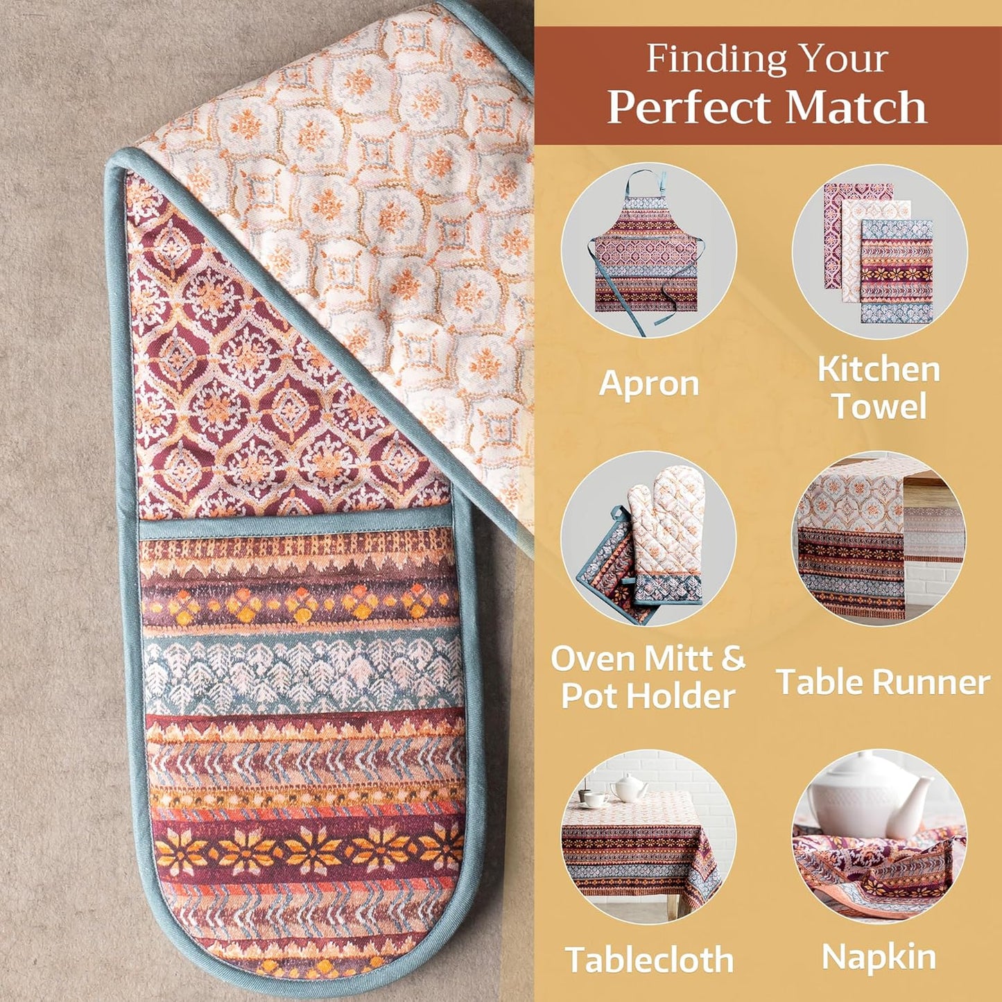 Maison d' Hermine Double Oven Mitt 100% Cotton Heat Resistant Cooking Gloves with Loop, Baking Barbeque, Handling Hot Pan, Fair Isle - Thanksgiving/Christmas (7 Inch x 35 Inch)