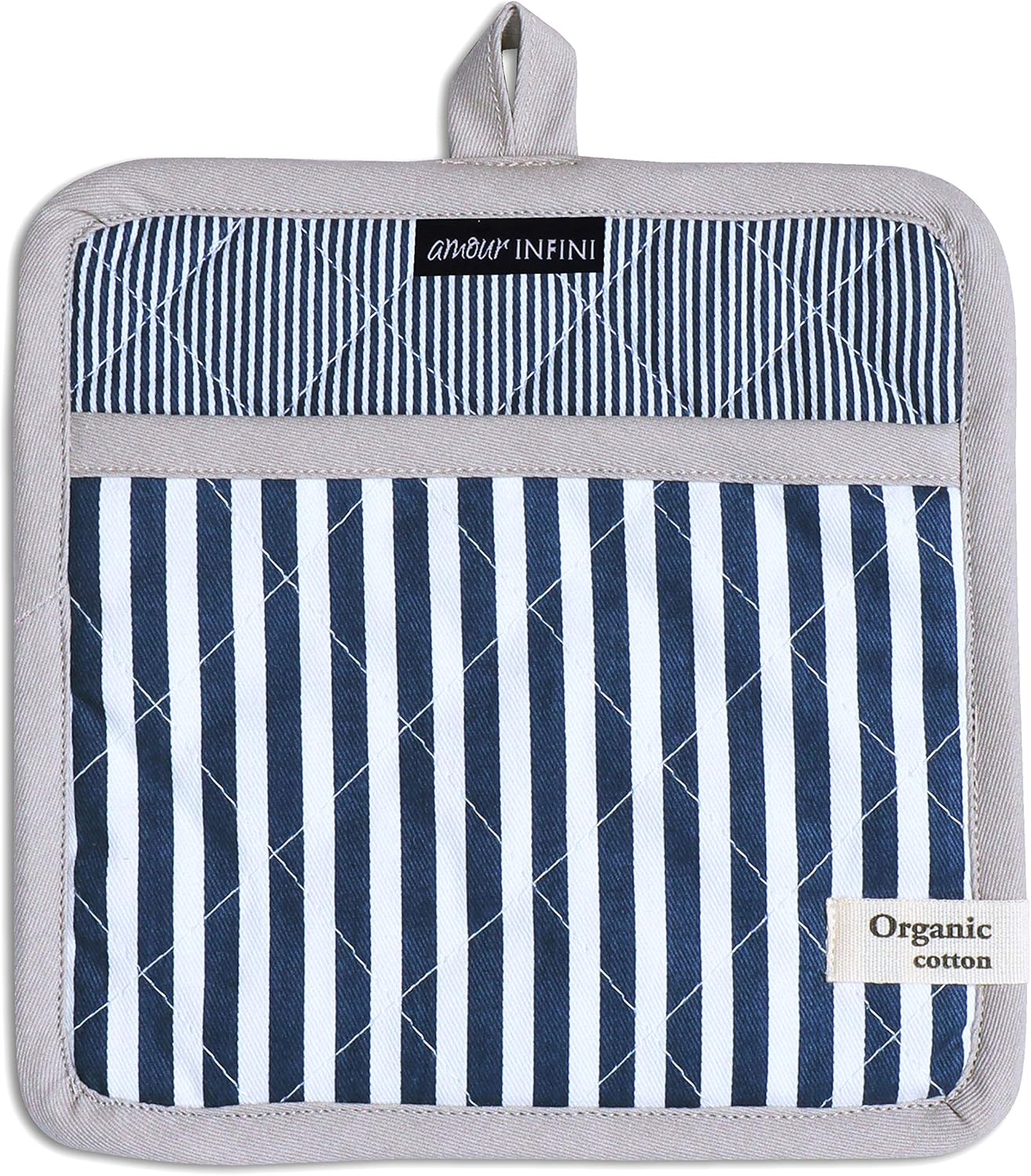 AMOUR INFINI Pot Holders Heat Resistant Cotton Set of 3 Nonslip 8"x8" Inch Hot Pads for Kitchen, BBQ, Baking & Cooking with Hanging Loops (Stripe Blue)