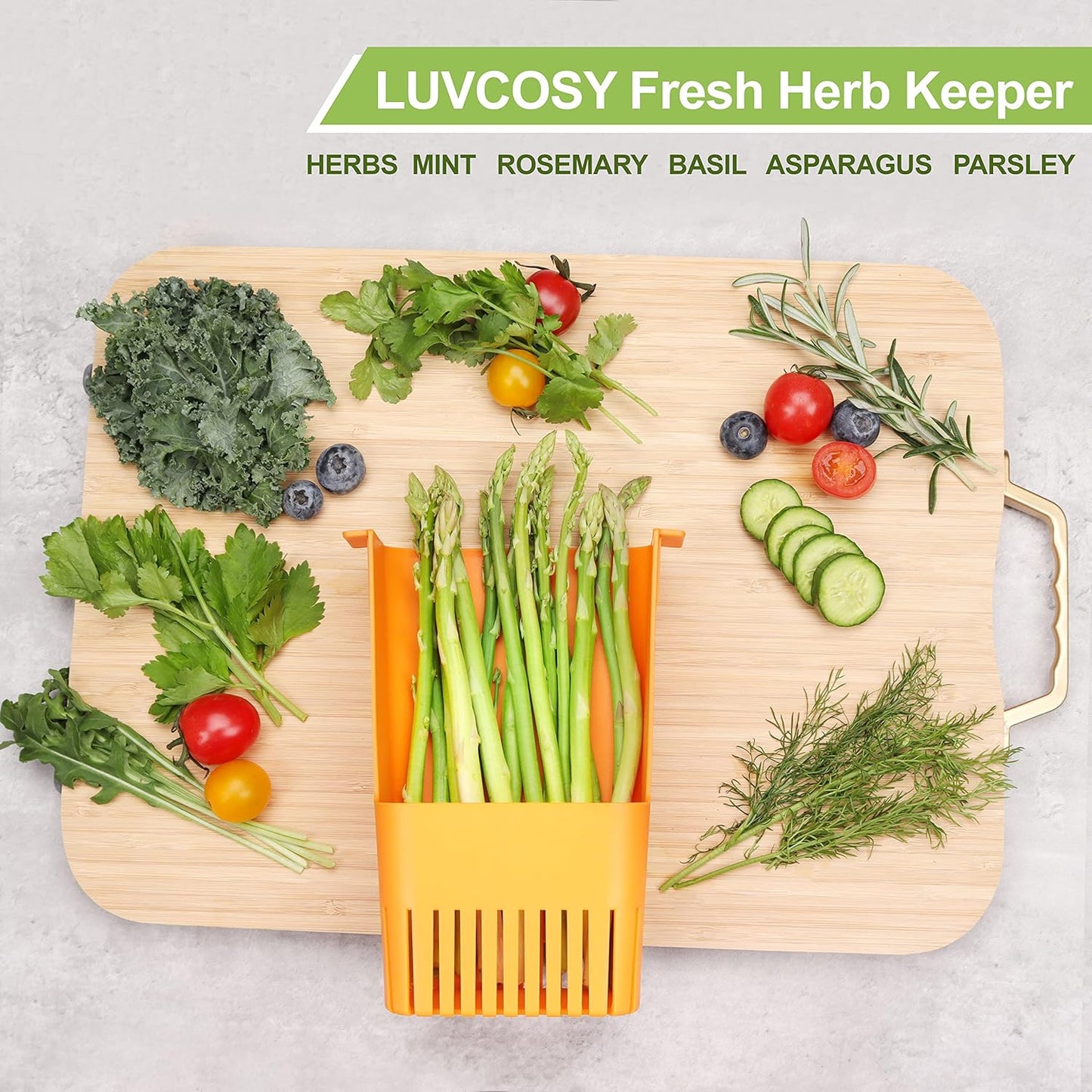 Fresh Herb Keeper for Refrigerator, Clear BPA-Free Herb Saver, Storage Container for Cilantro, Parsley, Thyme, Mint & Asparagus, Preserver Keeps Fresh Herbs for 3 Times Longer, Orange
