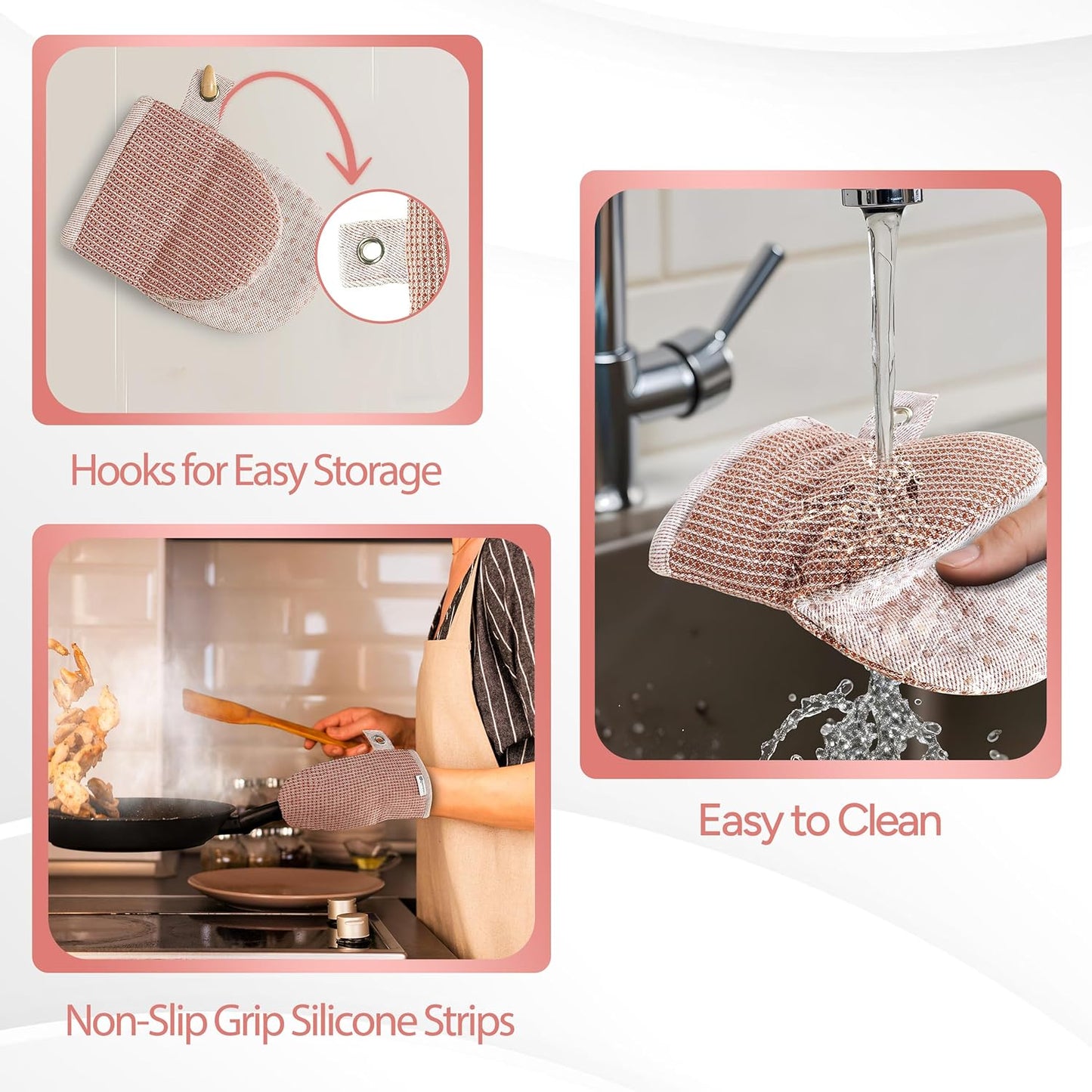 Casa Platino Cute Oven Mitts & Pot Holders, 4-Piece – Oven Mitts Heat Resistant for Grilling & Baking, Pot Holder for Hot Cookware & Microwave – Withstands Up to 500°F, Non-Slip – Canyon Rose