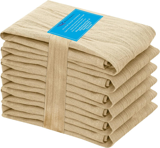 RUVANTI Flour Sack Towels 6 Pack 28x28 Inch, 100% Cotton Tea Towel, Reusable, Machine Washable, Absorbent BarTowels - Dish Cloth Perfect for Drying Dishes & Cleaning - Camel