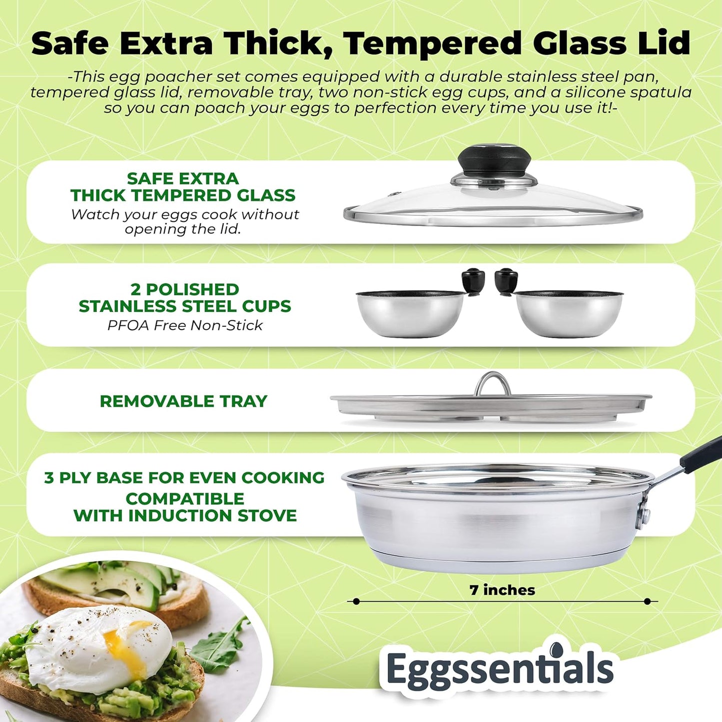 Eggssentials Egg Poacher Pan Nonstick Coating - Poached Egg Cooker, Stainless Steel Egg Poaching Pan PFOA Free with Spatula, Poached Egg Maker, Egg Poachers Cookware
