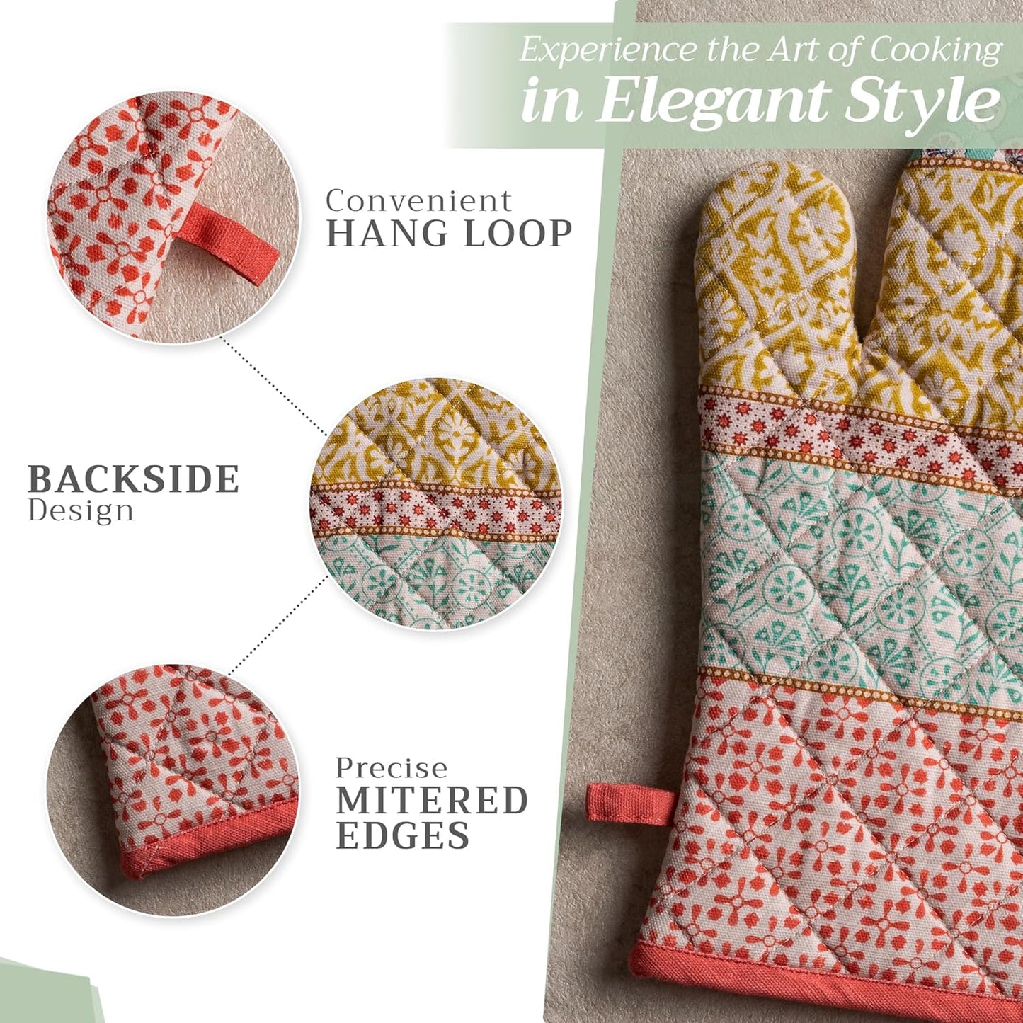 Maison d' Hermine 100% Cotton Oven Mitt & Pot Holder Set (7.5"x13" & 8"x8") Heat Resistant BBQ Cooking Gloves with Loop, Baking, Grilling, Kitchen, Handling Hot Pans Spring/Summer (Provence)