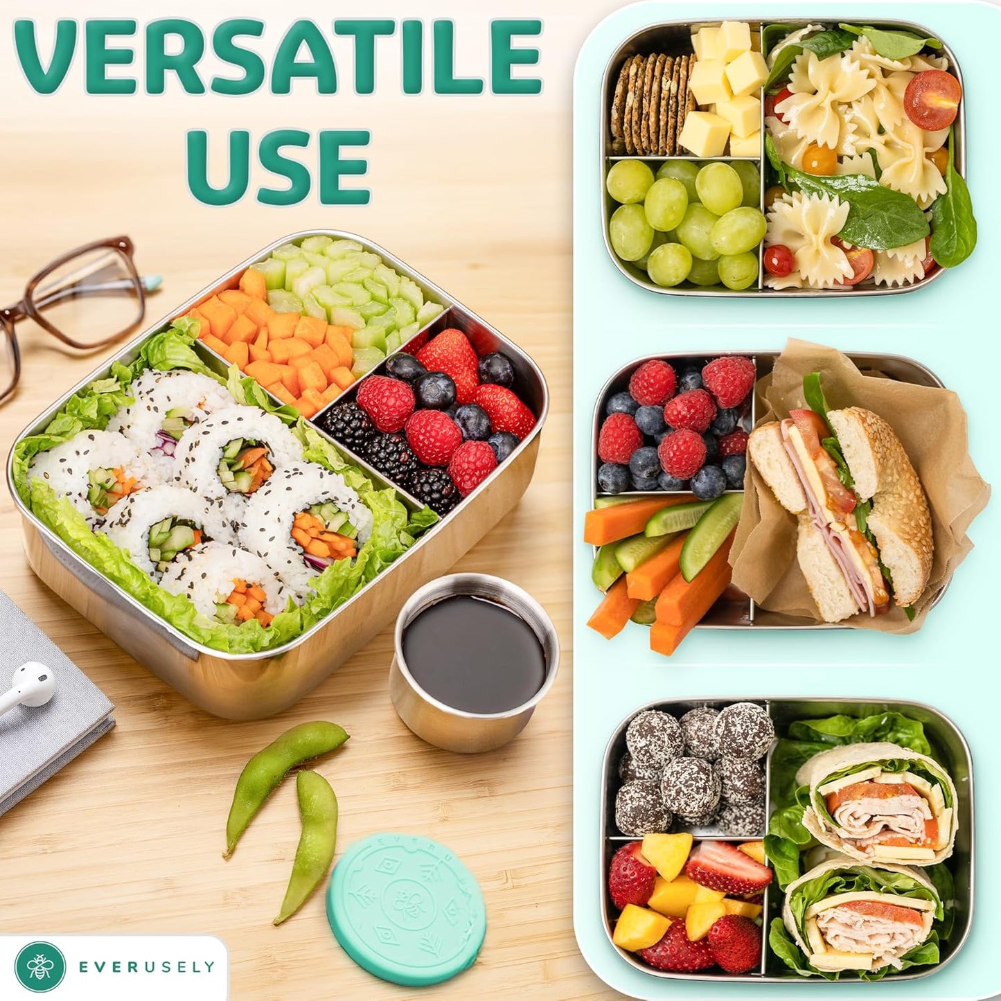 Everusely - Bento Box - Green, 47oz / 1.4 L - Stainless Steel Lunch Box with Leakproof Condiment Container - 3 Compartment Snack Organizer for On the Go Meals - Freezer & Dishwasher Safe