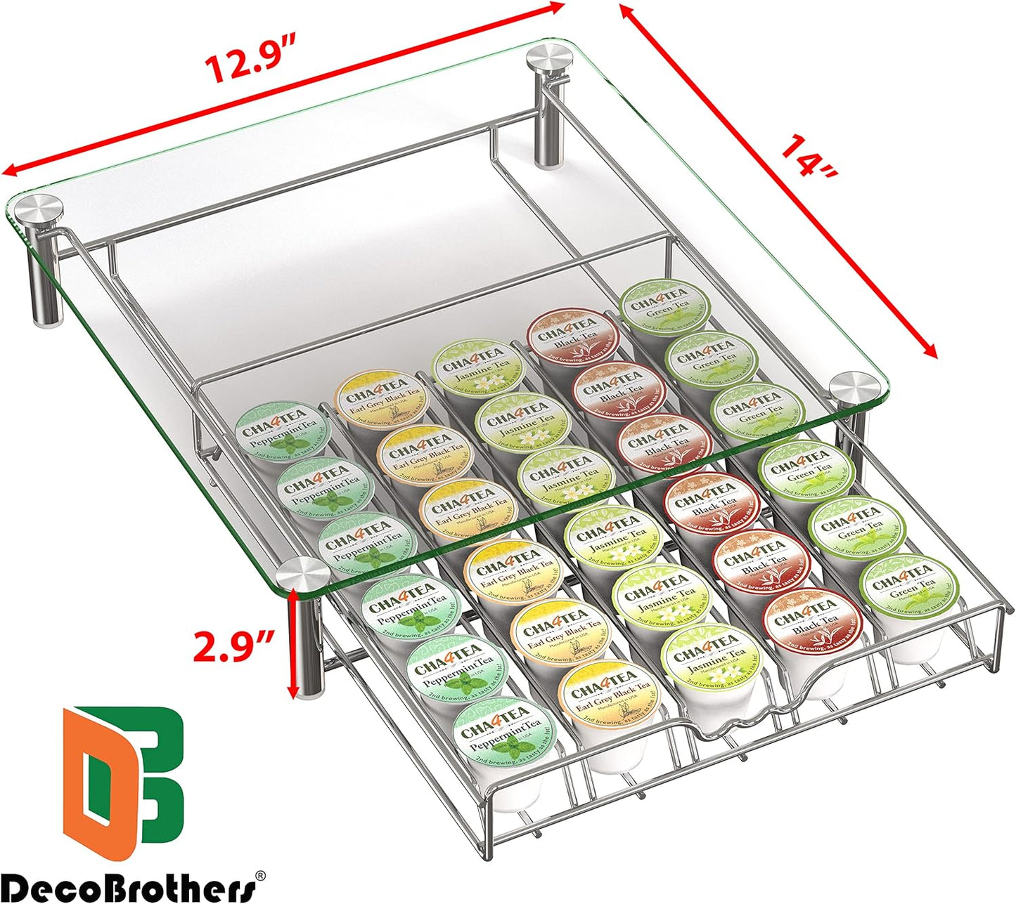 Deco Brothers Crystal Tempered Glass K-Cup Holder Drawer for 30 Coffee Pods Storage, Chrome