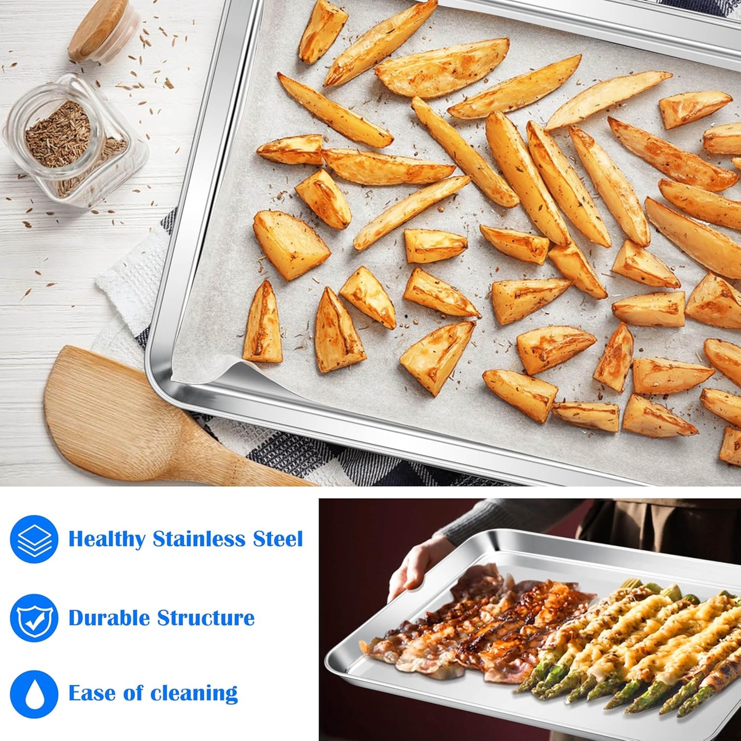E-far Large Baking Sheets Set of 3, 20”x14” Stainless Steel Cookie Sheet Pans for Oven, Non Toxic Big Metal Baking Tray for Cake Cookies, Healthy & Rust Free, Mirror Finish & Dishwasher Safe