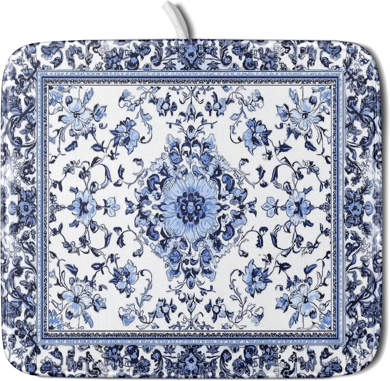 Boho Floral Dish Drying Mat 16x18 Inch Blue Leaves Kitchen Drying Pad Reversible Absorbent Dish Drainer Rack Mats Counter Tableware Decor