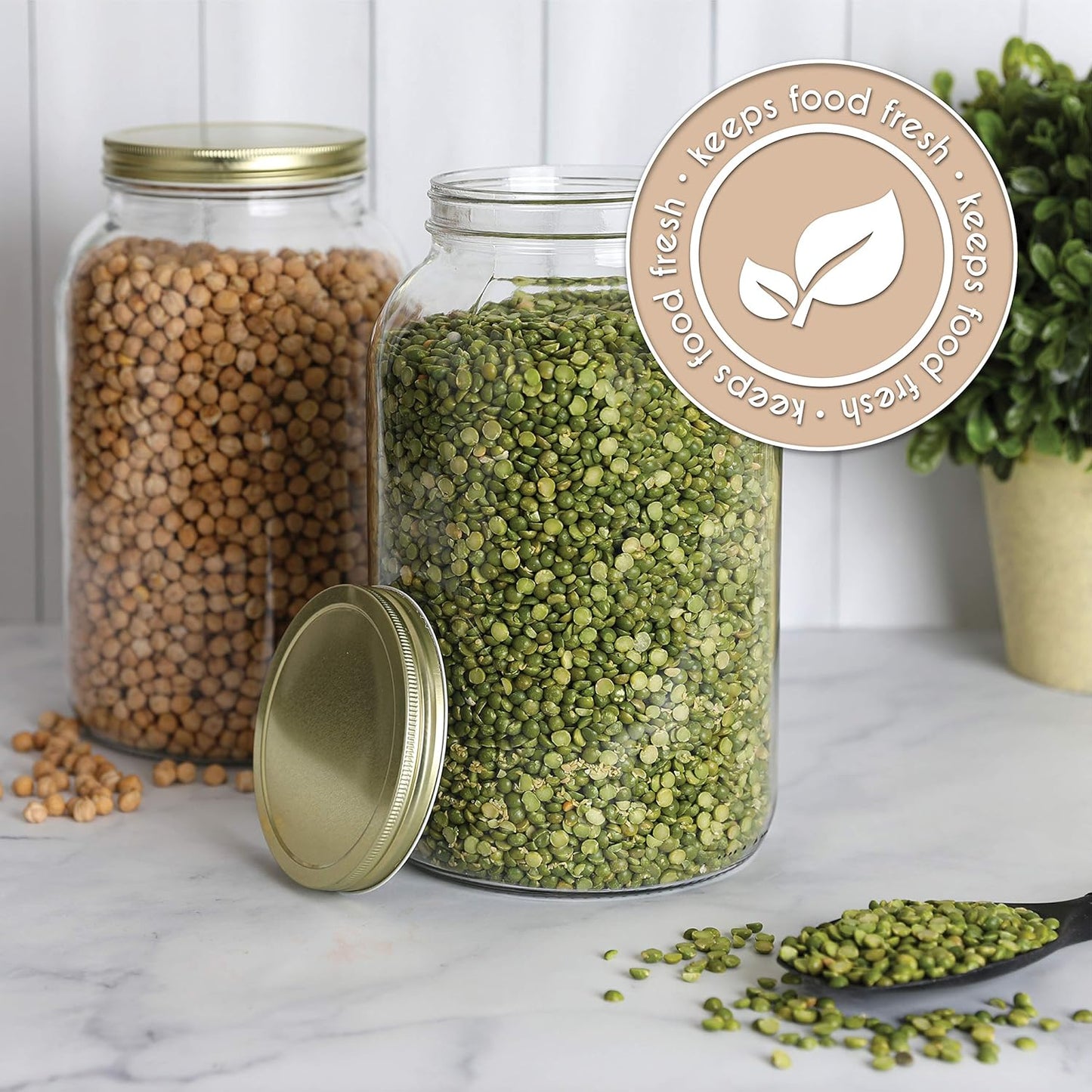 kitchentoolz 2 Pack - 1 Gallon Glass Mason Jar Wide Mouth with Airtight Metal Lid - Safe for Fermenting Kombucha Kefir - Pickling, Storing and Canning- BPA-Free Dishwasher Safe- Made in USA