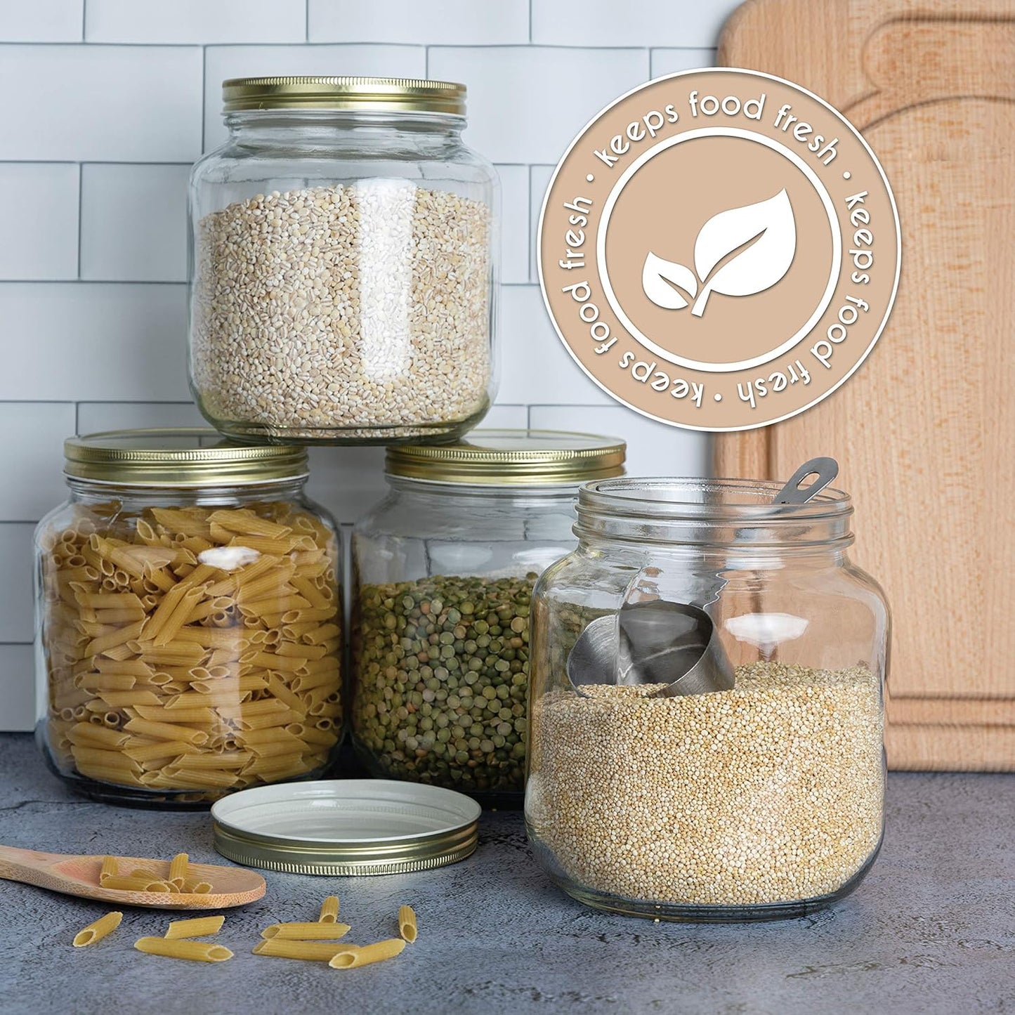 kitchentoolz 2 Pack Half Gallon Mason Wide Mouth Glass Jar with Airtight Metal Lid - 1/2 Gallon Mason Jar - Fermenting Kombucha Kefir - Curing Pickling, Storing and Canning - BPA-Free Gold Lid