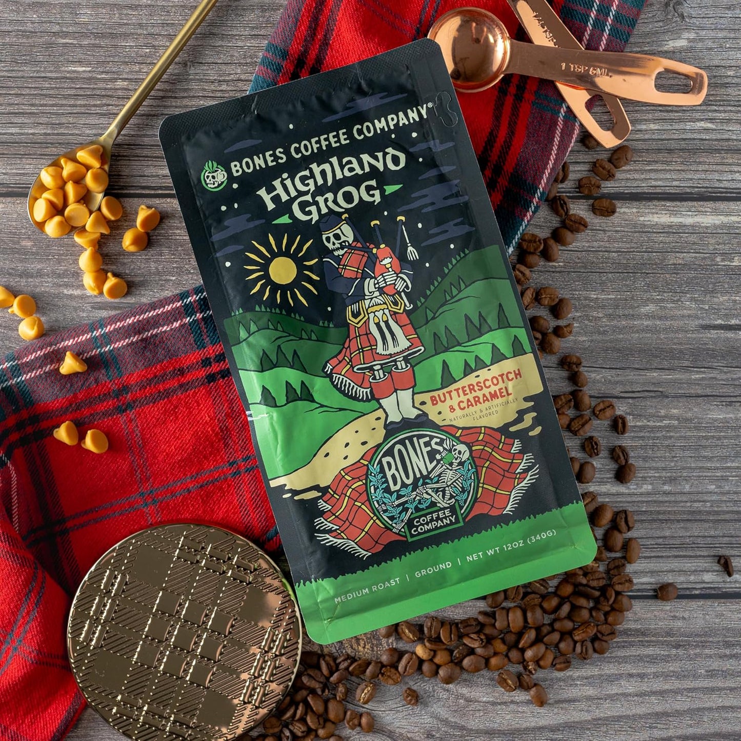 Bones Coffee Company Highland Grog, Butterscotch Caramel Flavored Coffee, Medium Roast Low Acid Arabica Beans Compatible with Auto drip and French Press Coffee Maker, 12 Oz Whole Bean