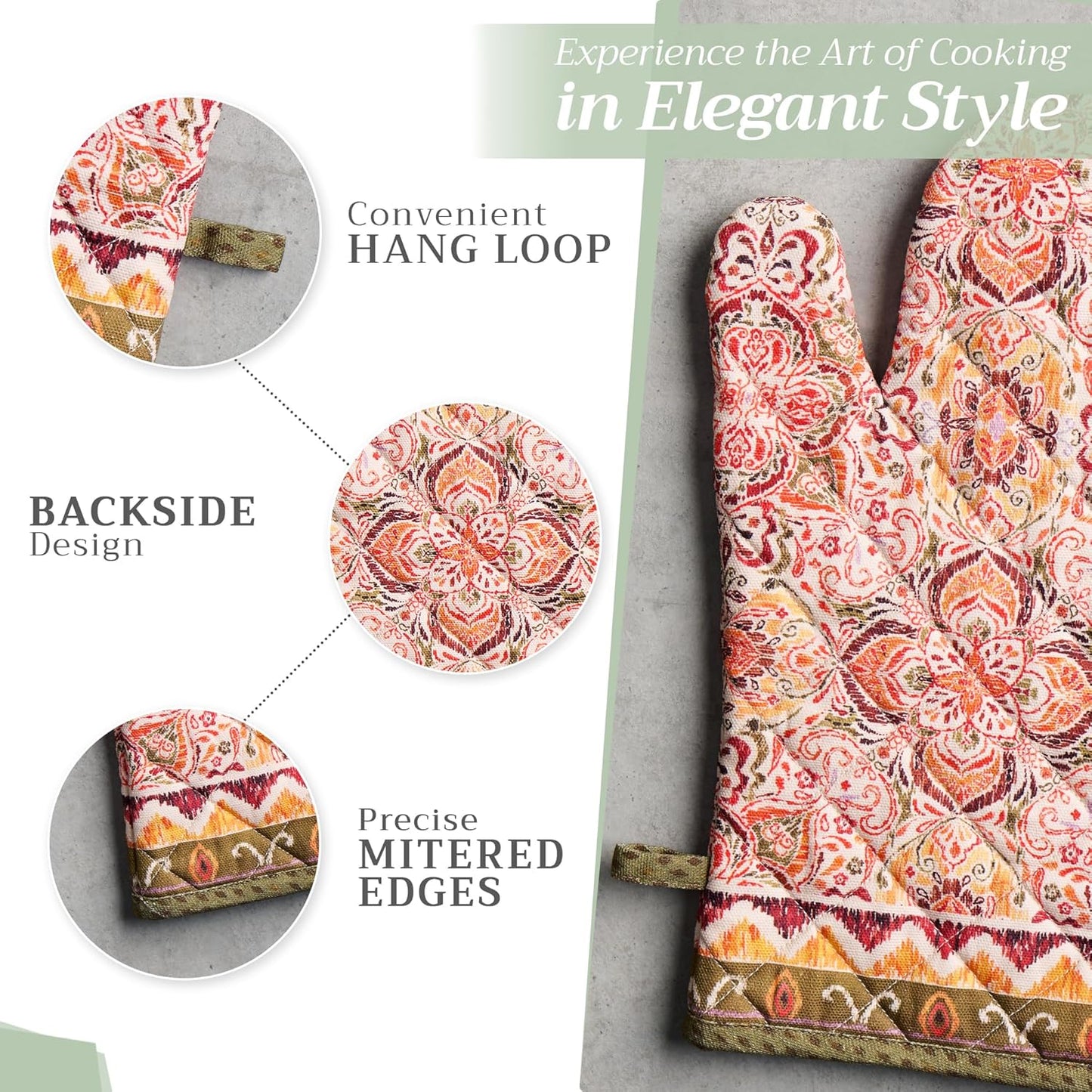 Maison d' Hermine Oven Gloves 100% Cotton Oven Mitt 7" x 13" with Loop Heat Resistant, BBQ, Cooking Gloves, Baking, Grilling, Kitchen, Handling Hot Pans (Pack of 1, Damask)