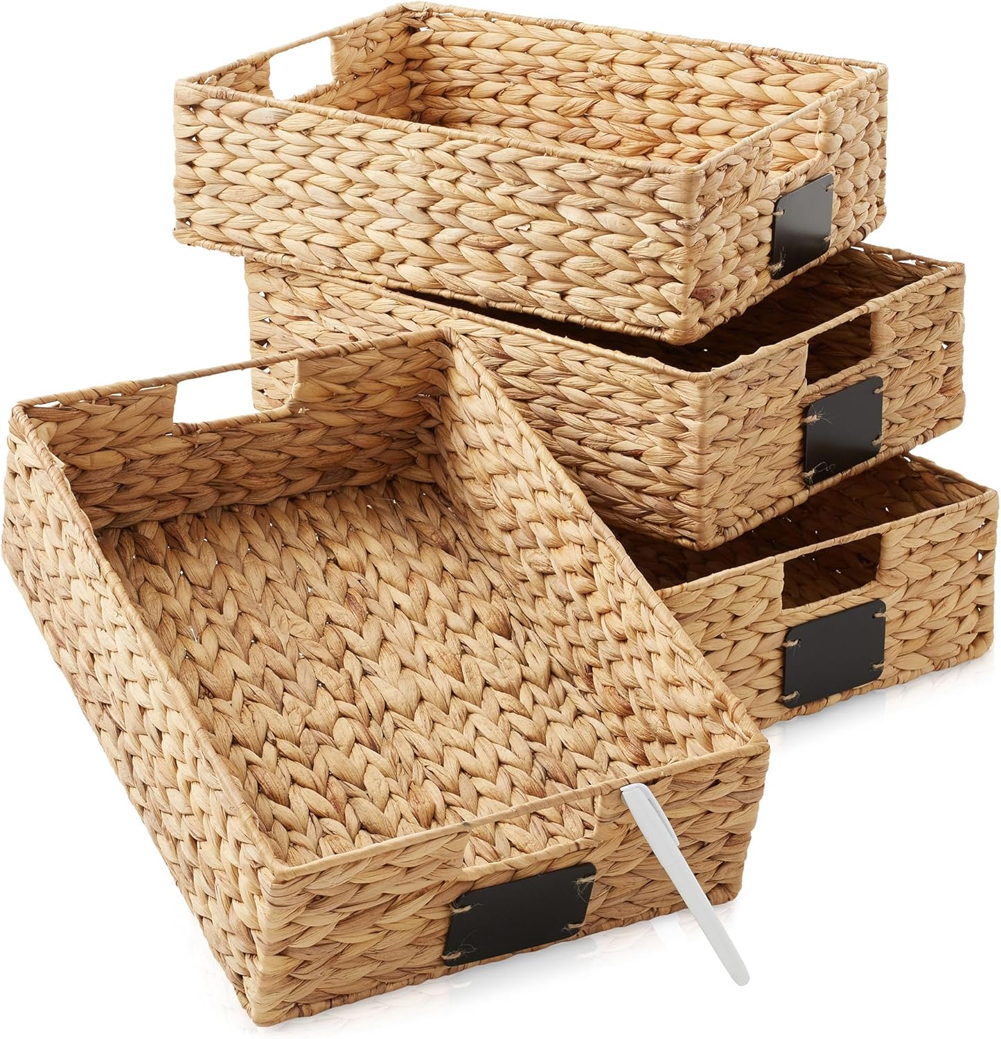 Casafield Set of 4 Water Hyacinth Pantry Baskets, 12-1/2" x 17" x 5", with Chalkboard Labels and Chalk Marker - Natural, Woven Storage Bin Organizers for Kitchen Shelves