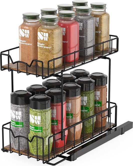 Simple Houseware 2-Tier Spice Rack Slide Out Wire Basket Drawer Organizer, Black