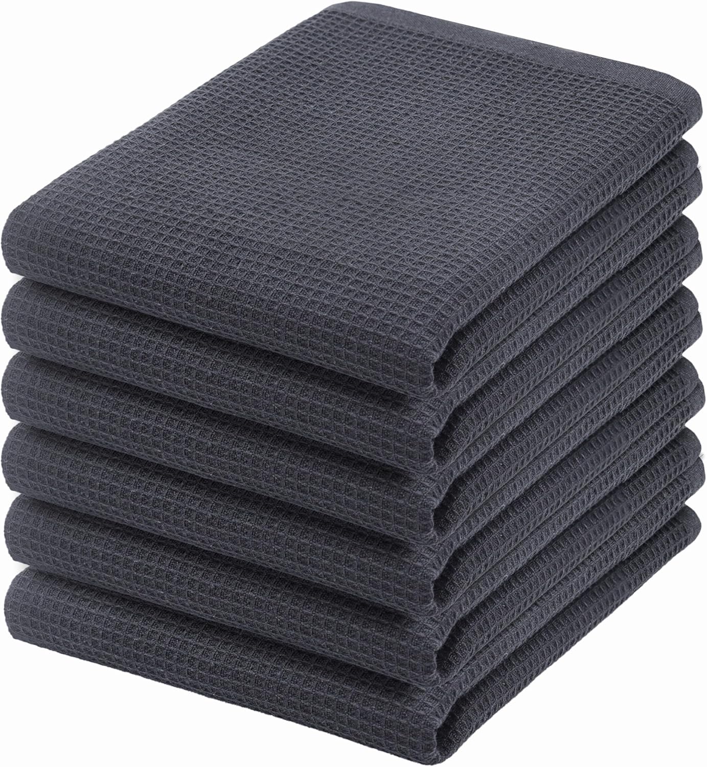 PurpleEssences Waffle Weave Kitchen Towel, 100% Cotton - 15 x 25 Inches, with Hanging Loop Ultra Soft Absorbent Quick Drying Dish Cloth, Tea and Hand Towels, 6 Pack - Spring Summer - Dark Grey