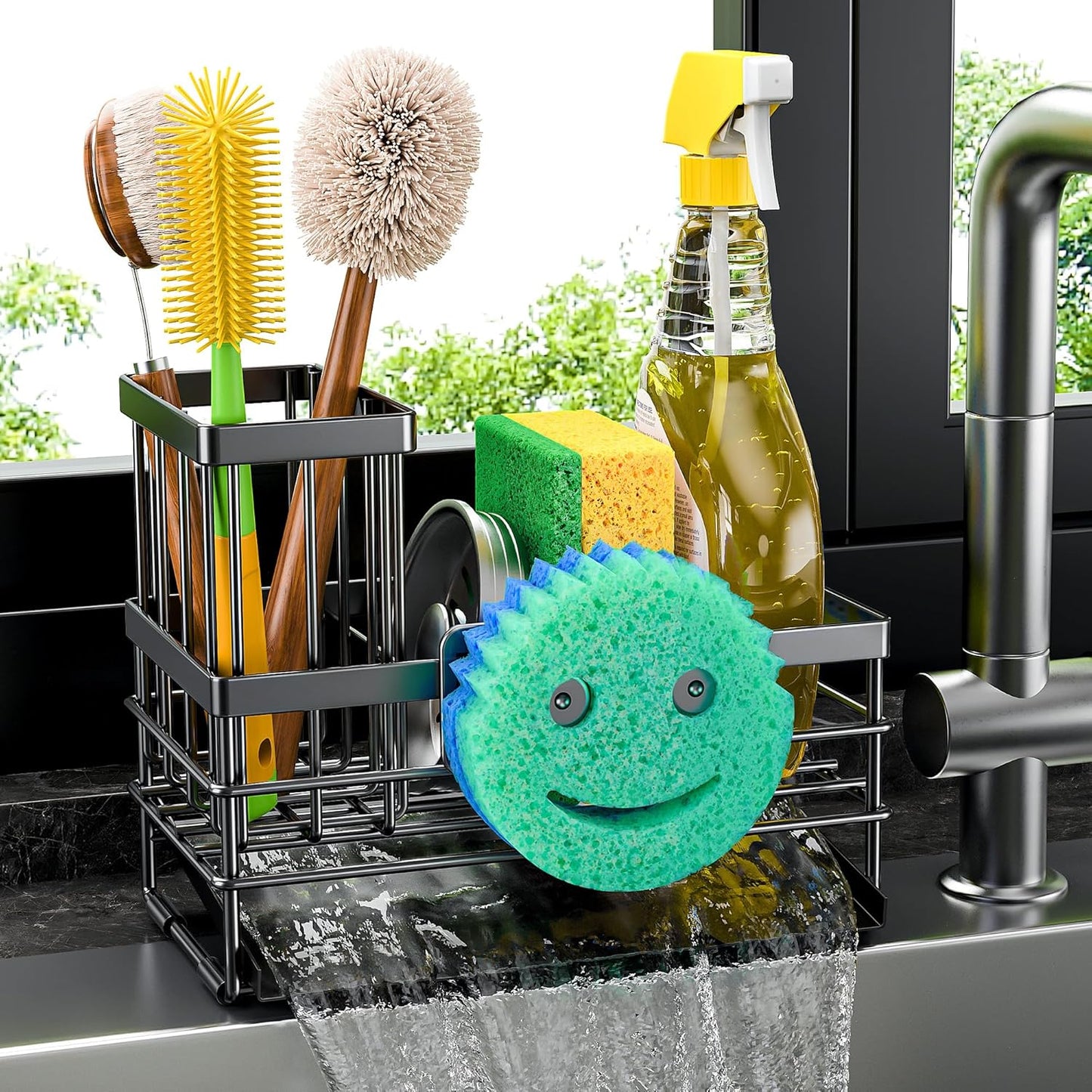 Cisily Sink Caddy with Smiley Face Sponge Holder for Kitchen with Brush Holder and Stainless Steel Self Drain Tray, Rustproof Kitchen Sink Organizer, Soap Dispenser Storage Accessories (Black)