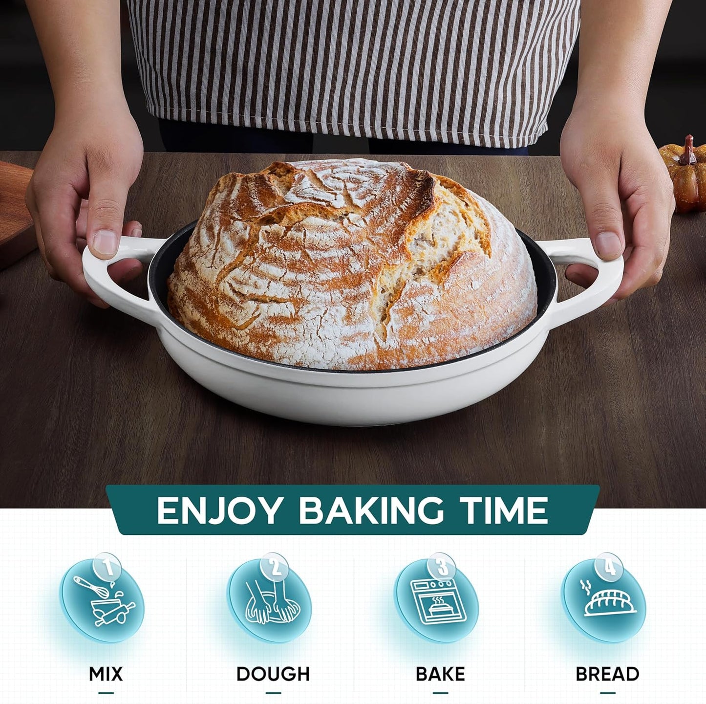 E-far Dutch Oven for Sourdough Bread Baking, 6 Qt Round Enameled Cast Iron Dutch Oven for Homemade Artisan Bread, Dome Lid & Shallow Base, Matte Black Interior & Durable, Oven-Safe to 500℉, White