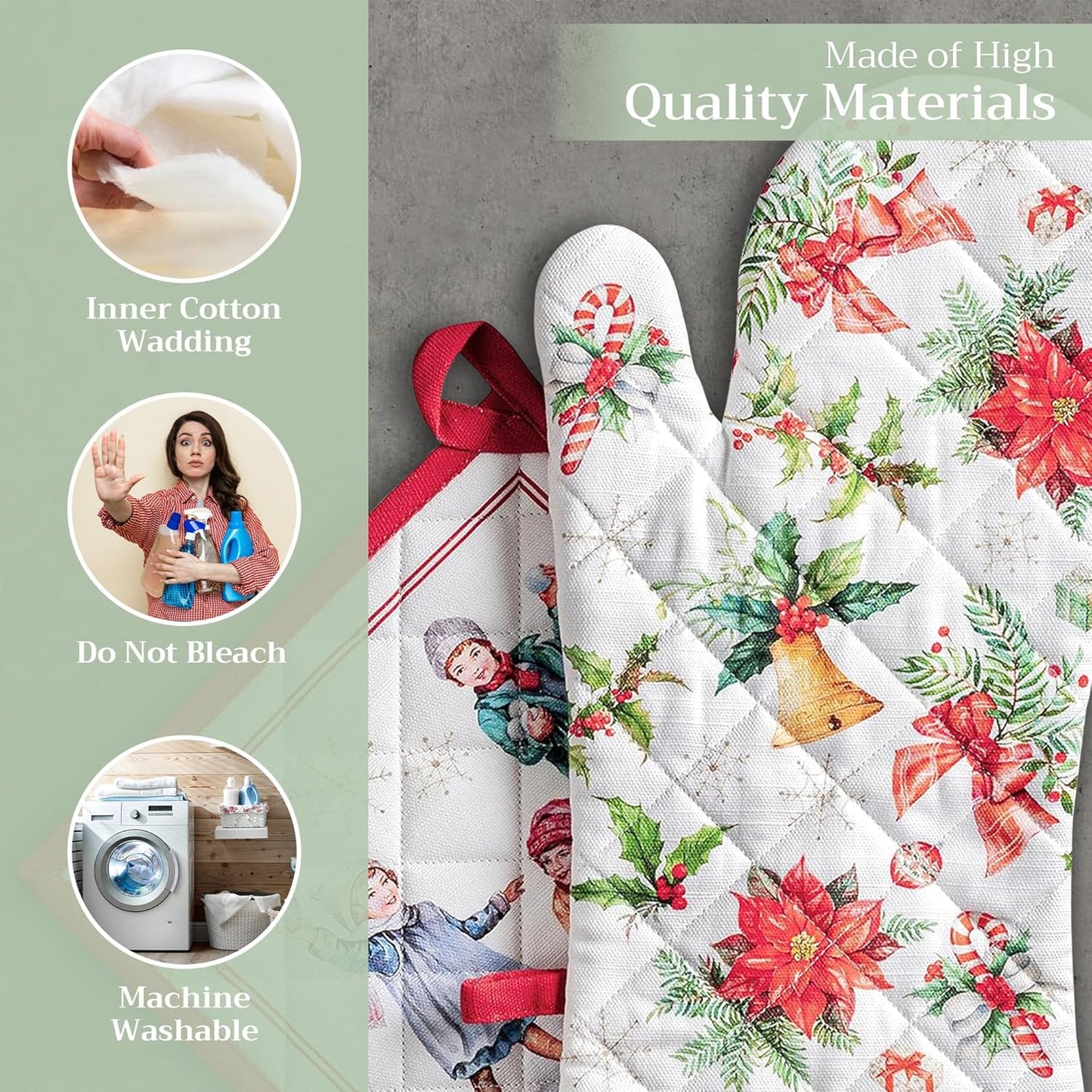 Maison d' Hermine 100% Cotton Oven Mitt & Pot Holder Set (7.5"x13" & 8"x8") Heat Resistant BBQ Cooking Gloves with Loop, Baking, Grilling, Kitchen, Handling Hot Pans (Chromo)