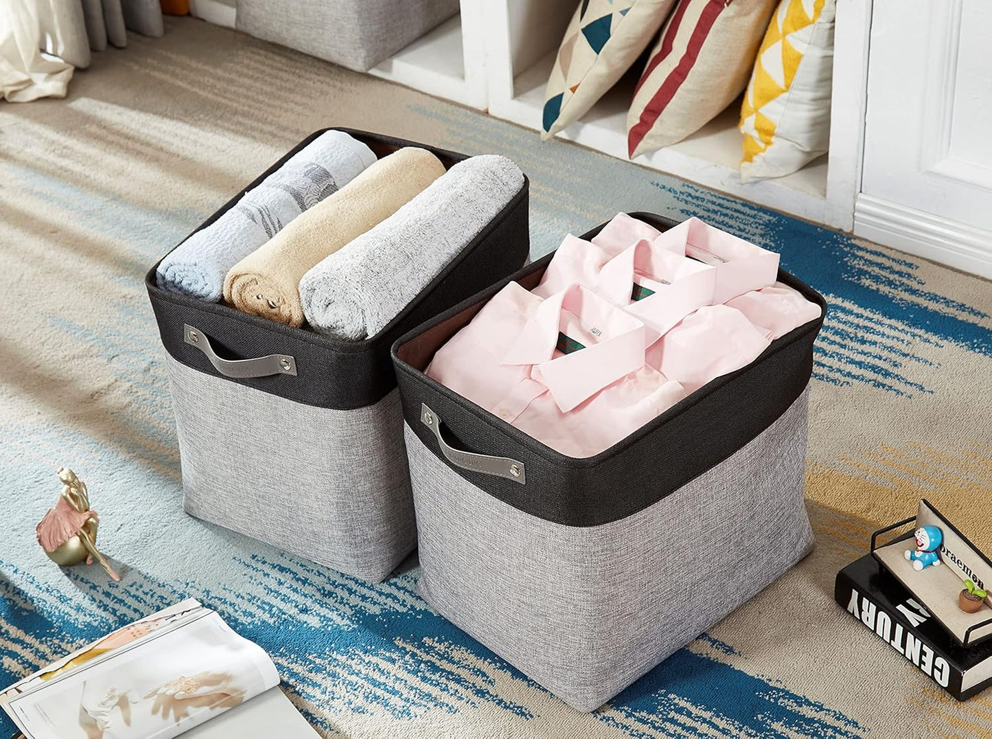 DECOMOMO Extra Large Storage Baskets 54.5L Fabric Storage Bins for Organizing Linen Closet, Toys, Nursery (Grey and Black, XXXL - 3 pack)