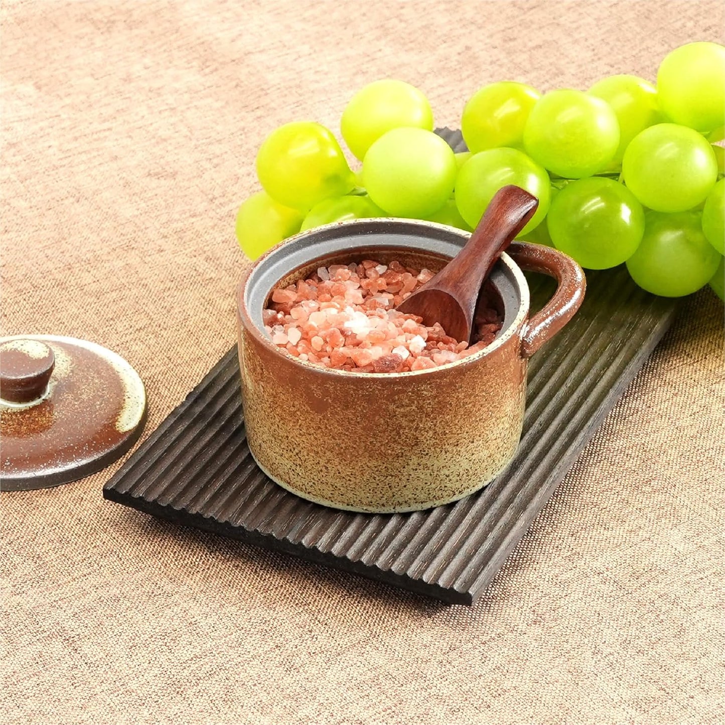 Handcrafted Speckled Ceramic Salt Cellar with Wooden Spoon, Rustic Vintage Spice Jar, Dishwasher Safe, 8.45 fl oz (Peckled Ceramic)