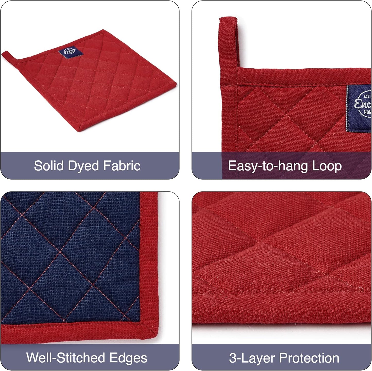 Encasa XO Heat Resistant Cotton Pot Holders with Hanging Loop - Set of 2 - Red - Multipurpose Quilted Everyday Hot Pad for Kitchen, Camping, BBQ & Microwave - 8x8 in