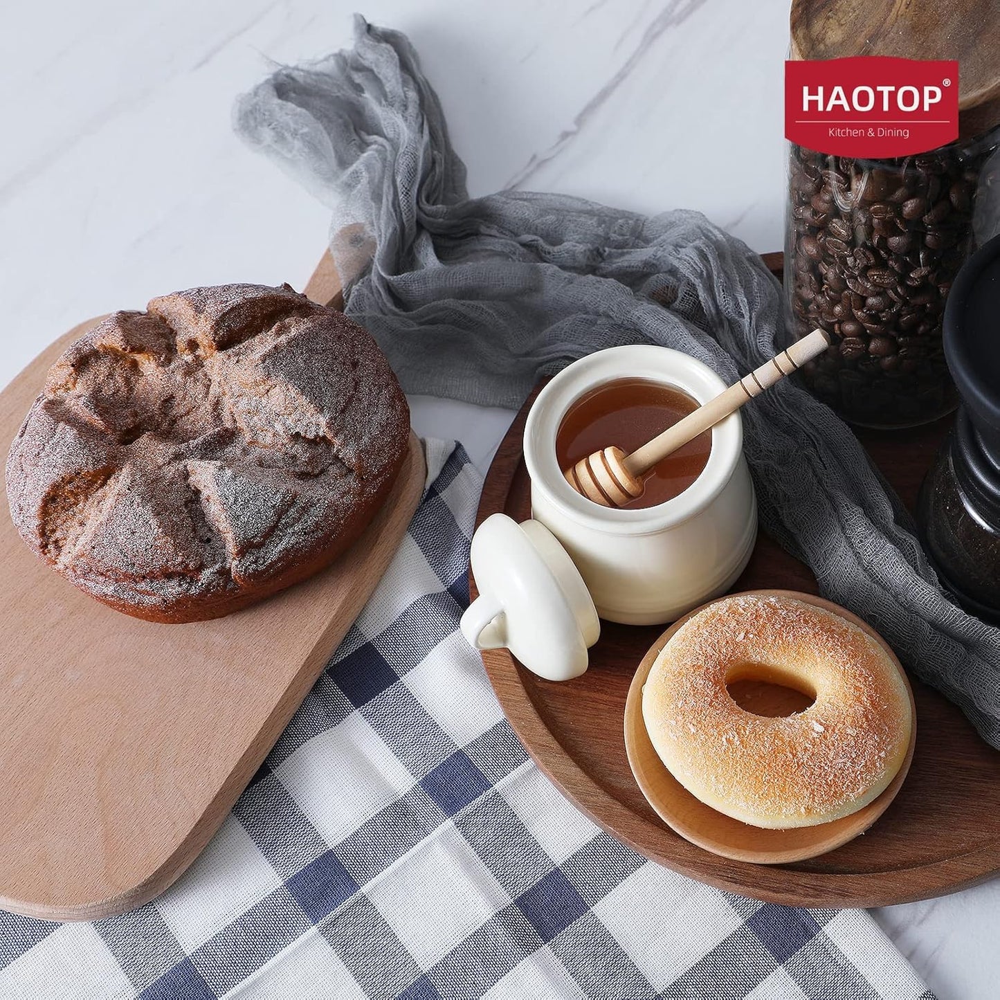 HAOTOP Ceramic Honey pot with Lid and Honey Dipper,Porcelain Honey Jar Easy to Clean and Dishwasher Safe,12oz (Beige)